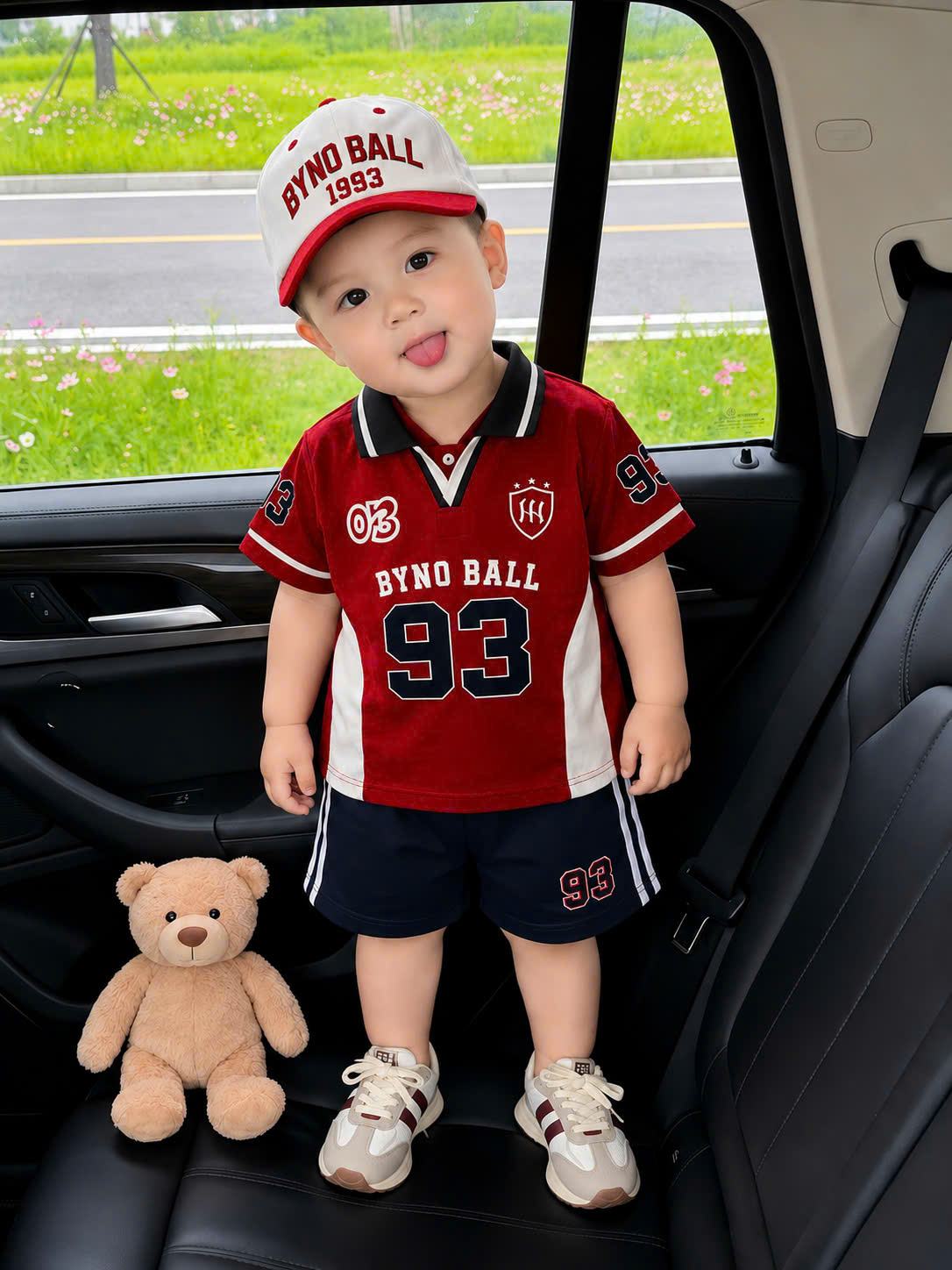 T396 - BỘ ĐÙI BÉ TRAI ÁO POLO ĐỎ BALL 93 KÈM MŨ