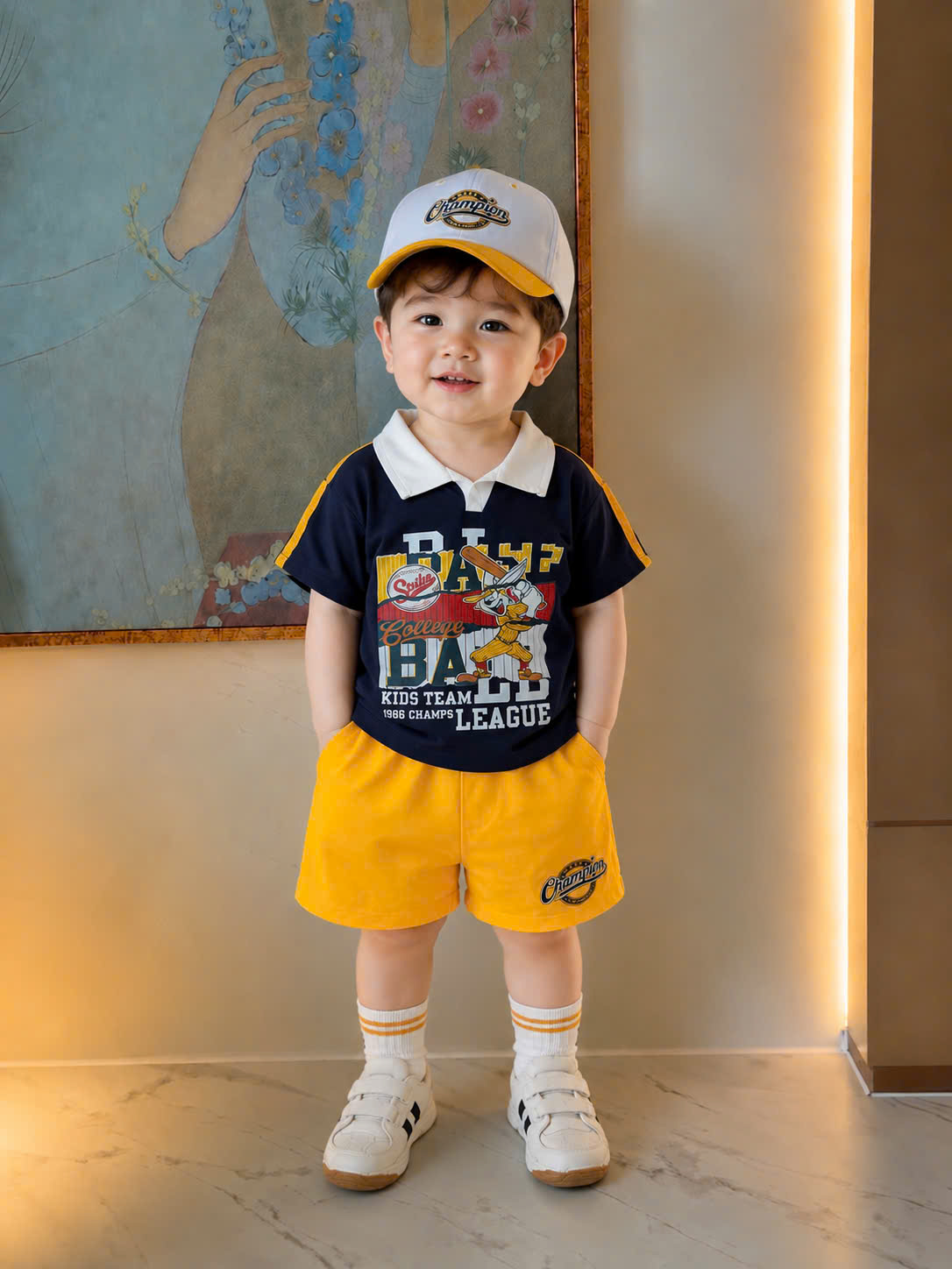 T406 - BỘ ĐÙI BÉ TRAI ÁO POLO THAN PHỐI VÀNG CHAMPION KÈM MŨ