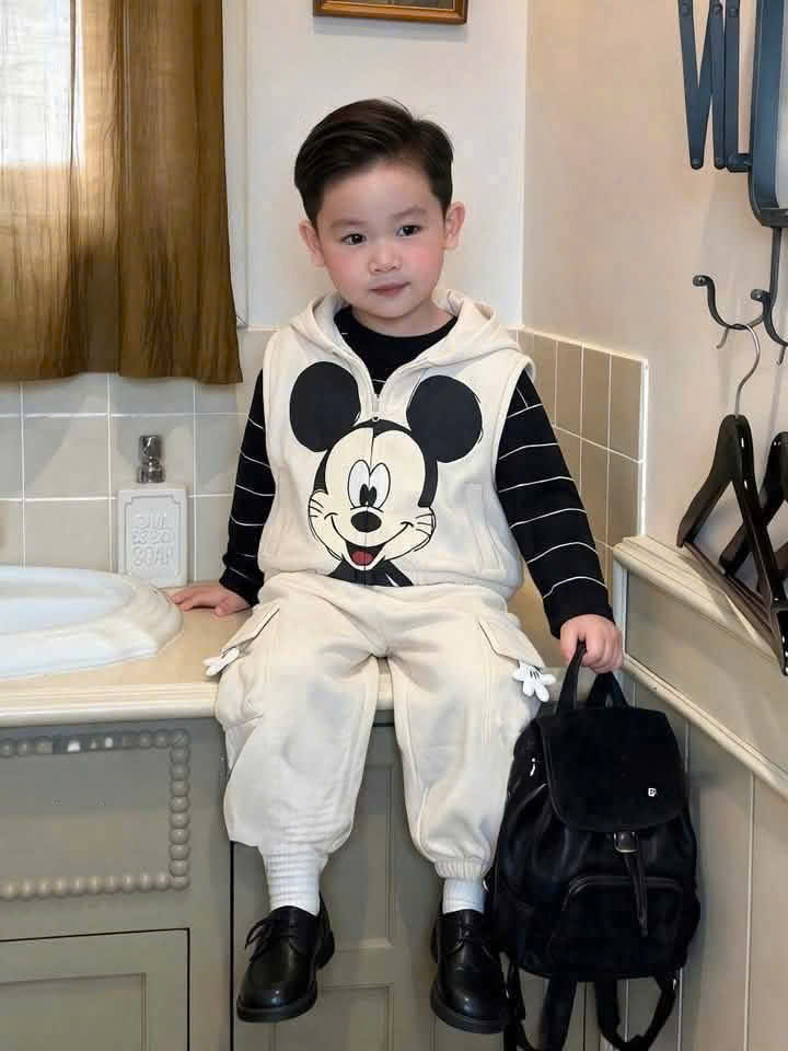 (chờ) T410 - SET BÉ TRAI 3CT ÁO GILE BE MICKEY MIX ÁO ĐEN KẺ