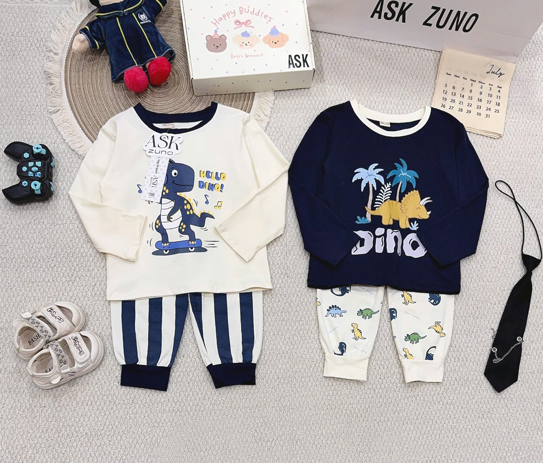 T411 - SET 2 BỘ BÉ TRAI DÀI TAY KHỦNG LONG HELLO DINO than be