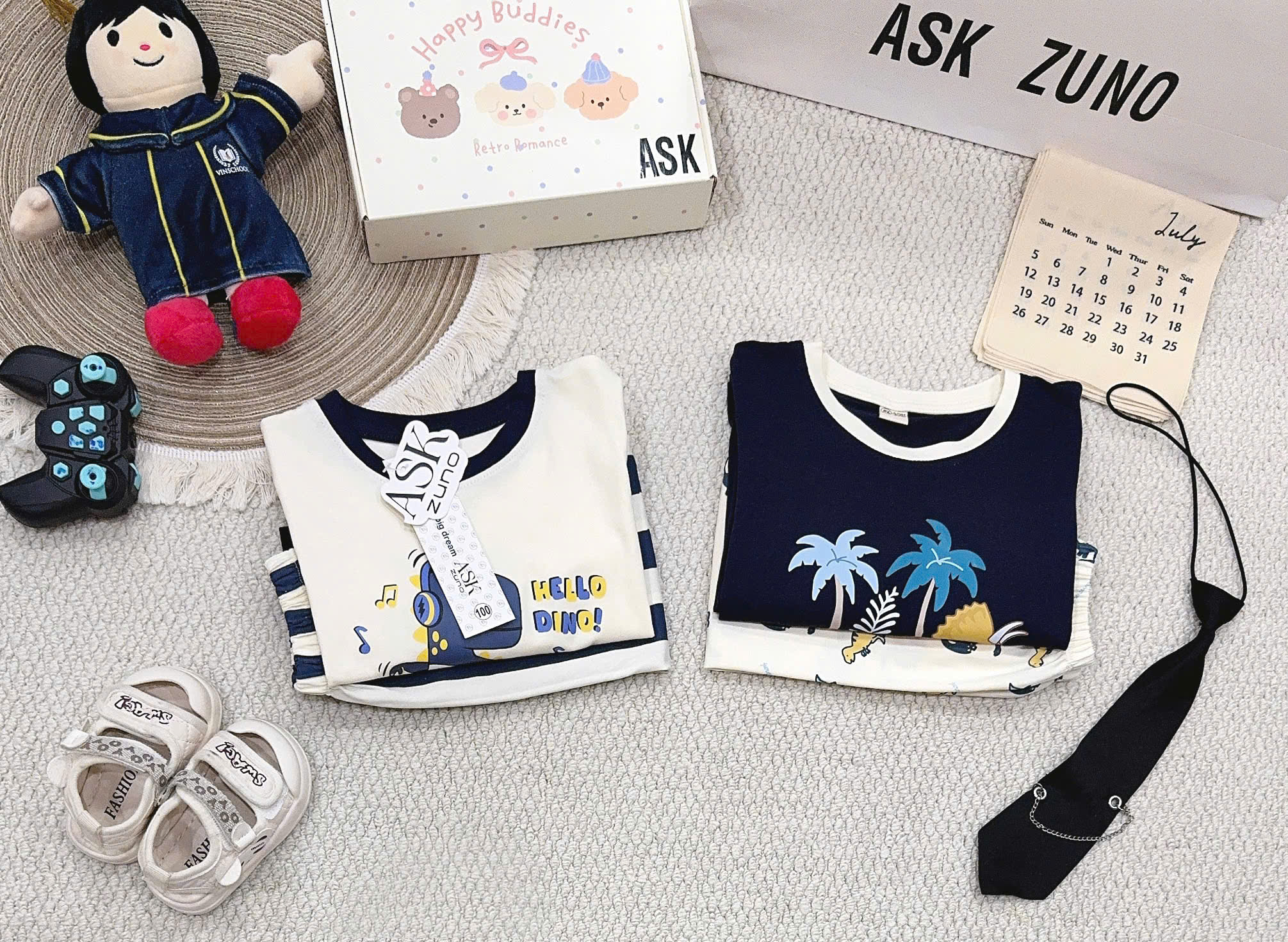 T411 - SET 2 BỘ BÉ TRAI DÀI TAY KHỦNG LONG HELLO DINO than be