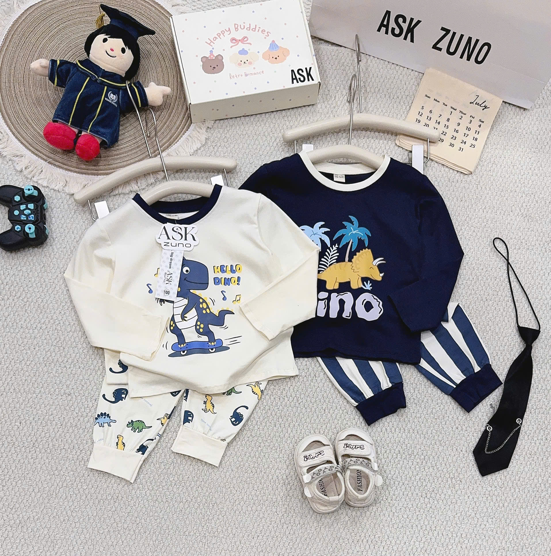 T411 - SET 2 BỘ BÉ TRAI DÀI TAY KHỦNG LONG HELLO DINO than be