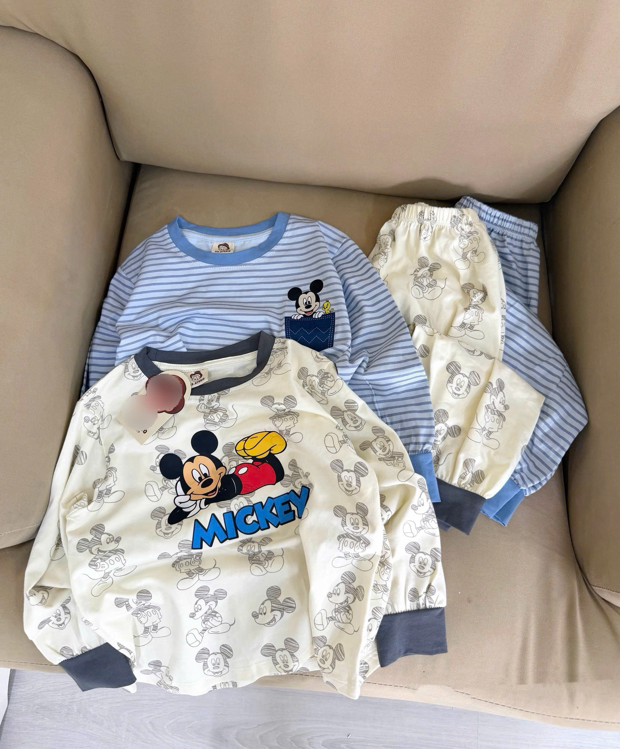 (chờ) T413 - SET 2 BỘ BÉ TRAI DÀI TAY MICKEY TRÀN xanh kẻ be