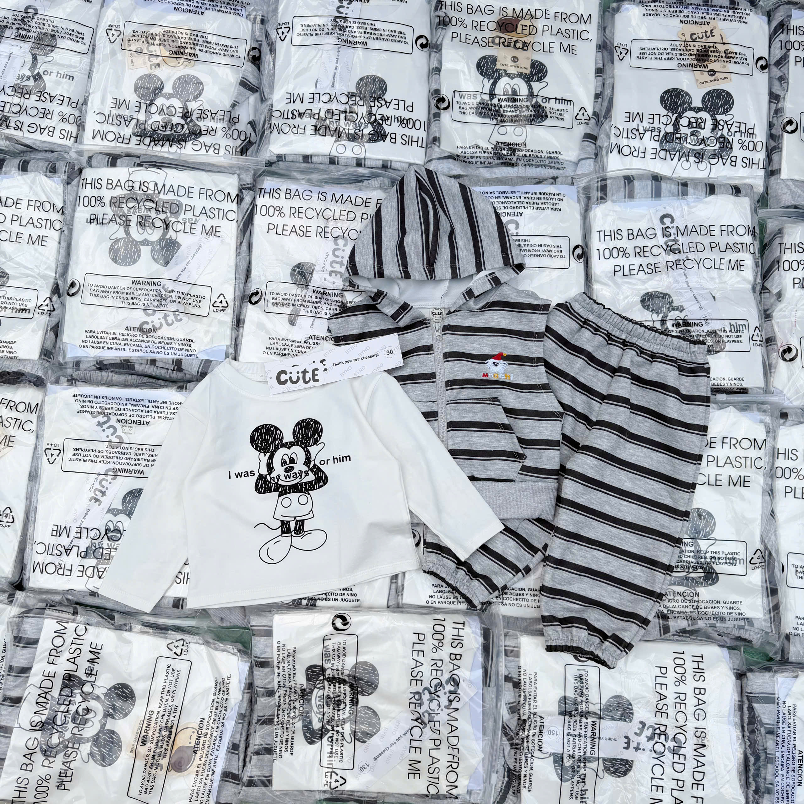 T427 - SET BÉ TRAI 3CT MICKEY KẺ XÁM ÁO TRẮNG