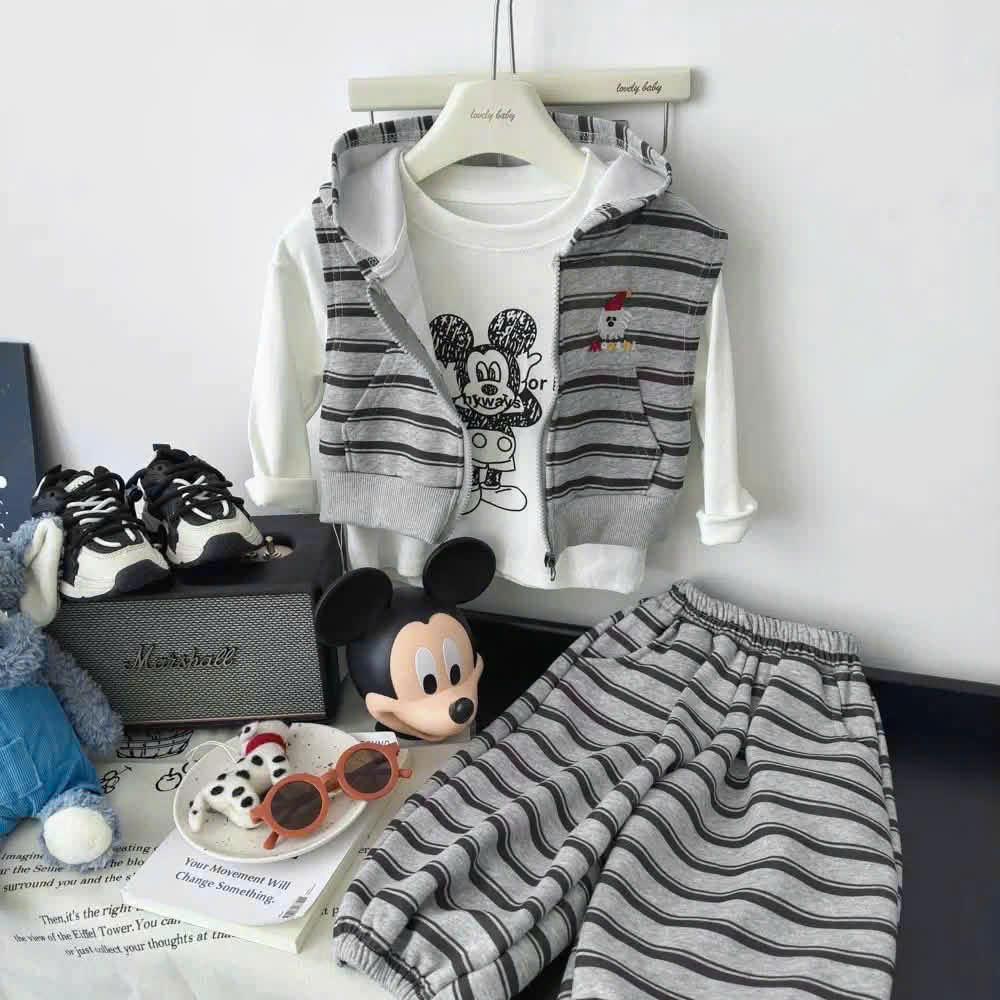T427 - SET BÉ TRAI 3CT MICKEY KẺ XÁM ÁO TRẮNG