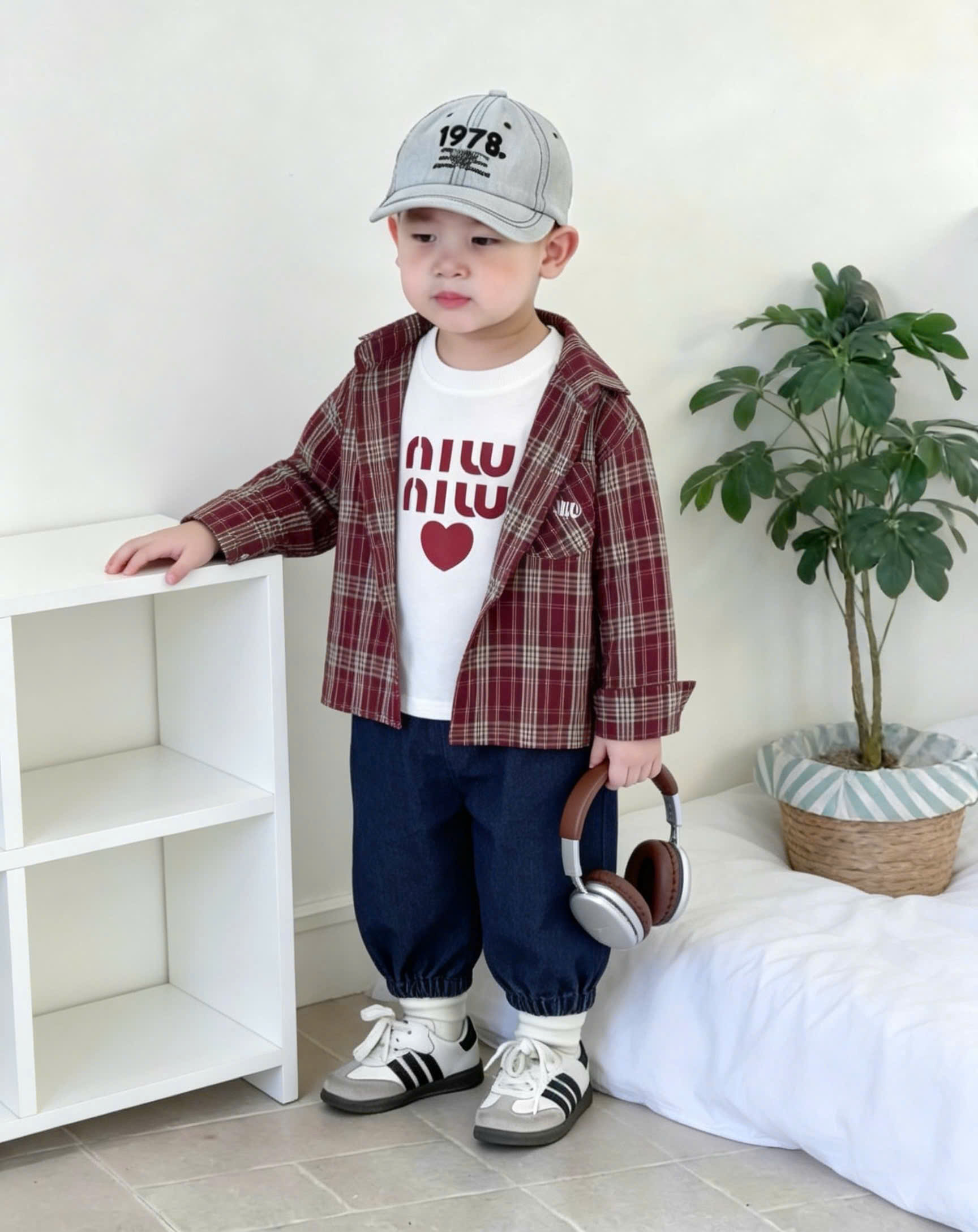 T433 - SET BÉ TRAI 3CT ÁO SƠ MI KẺ ĐỎ QUẦN BÒ KÈM THUN TRẮNG