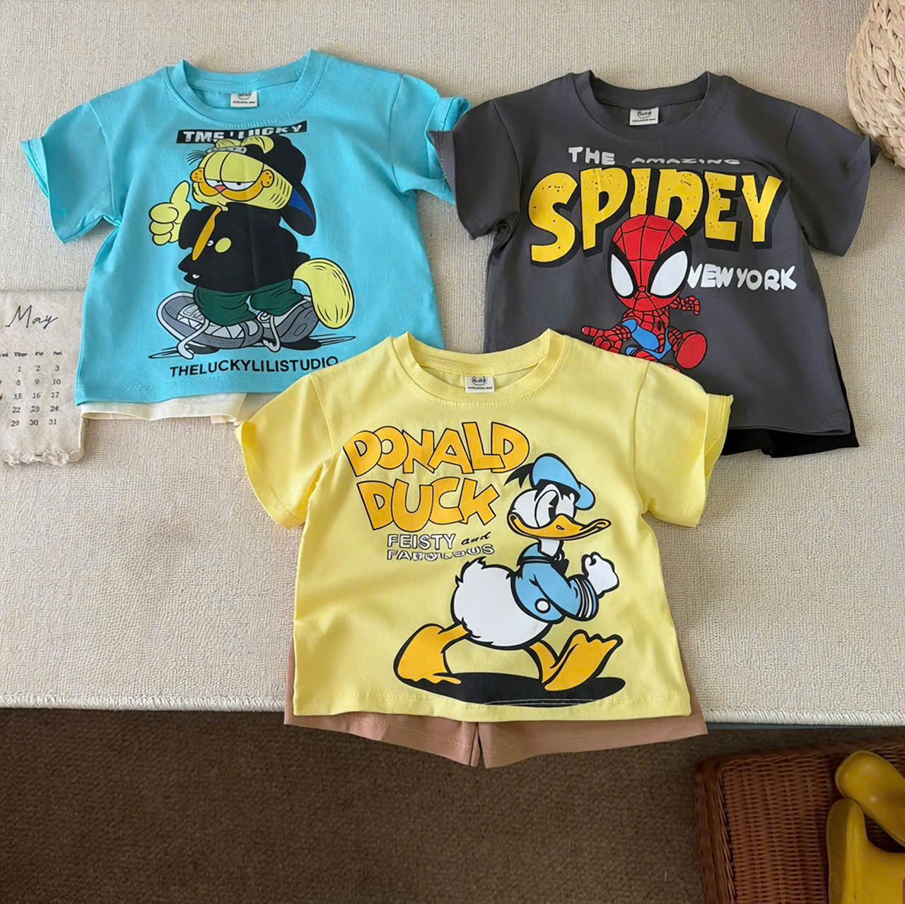 T451 - SET 3 BỘ ĐÙI BÉ TRAI VỊT SPIDEY xám xanh vàng