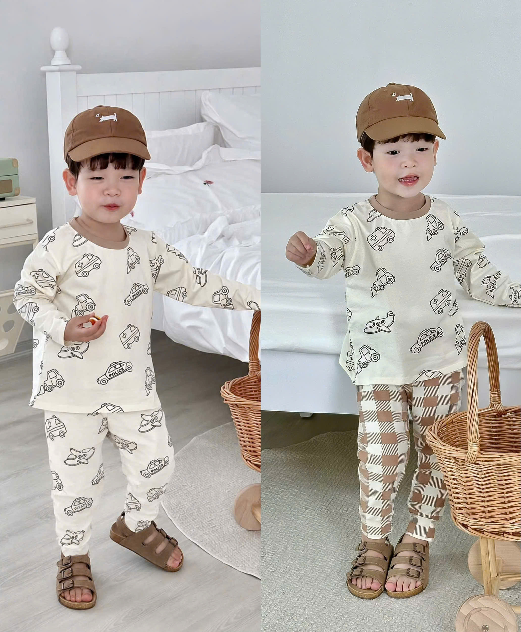 T455 - SET 2 BỘ BÉ TRAI DÀI TAY COTTON OTO BEEP nâu be