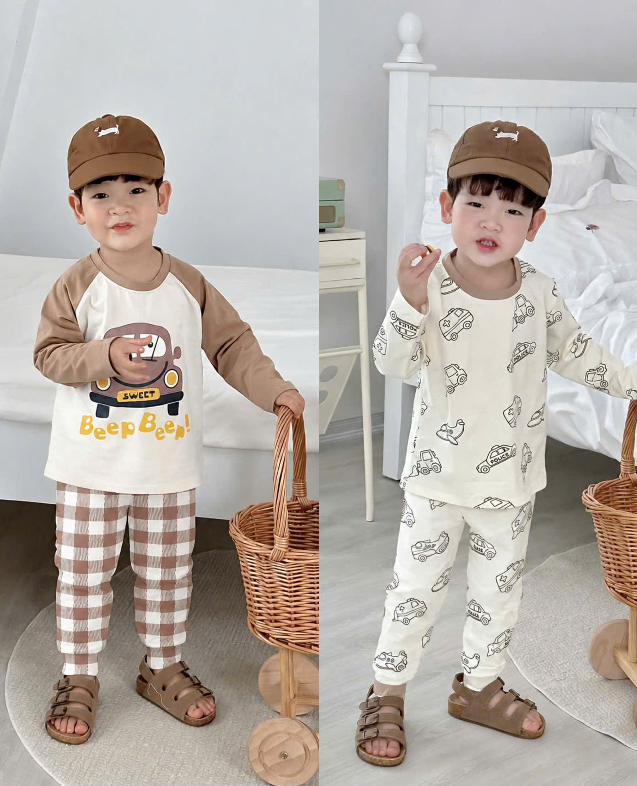 T455 - SET 2 BỘ BÉ TRAI DÀI TAY COTTON OTO BEEP nâu be