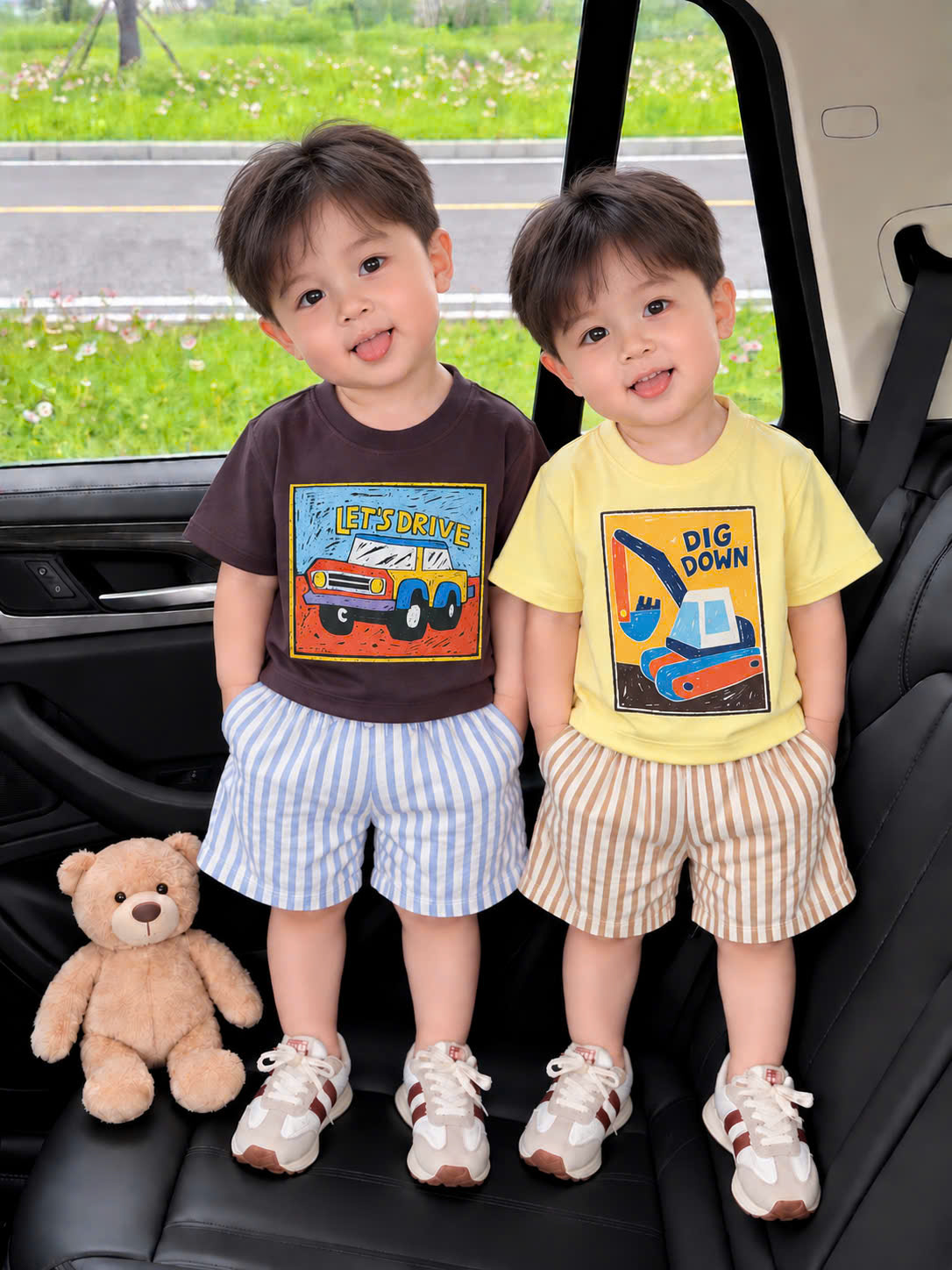 T456 - SET 2 BỘ ĐÙI BÉ TRAI OTO nâu vàng QUẦN SỌC