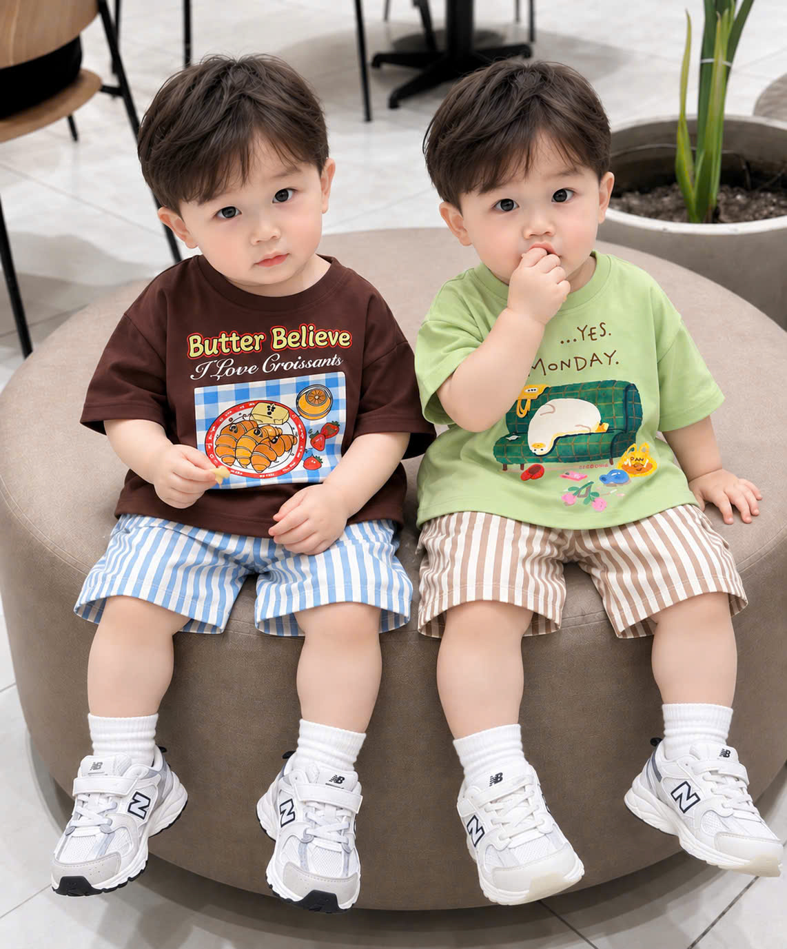 (chờ) T457 - SET 2 BỘ ĐÙI BÉ TRAI Butter Believe QUẦN SỌC nâu xanh