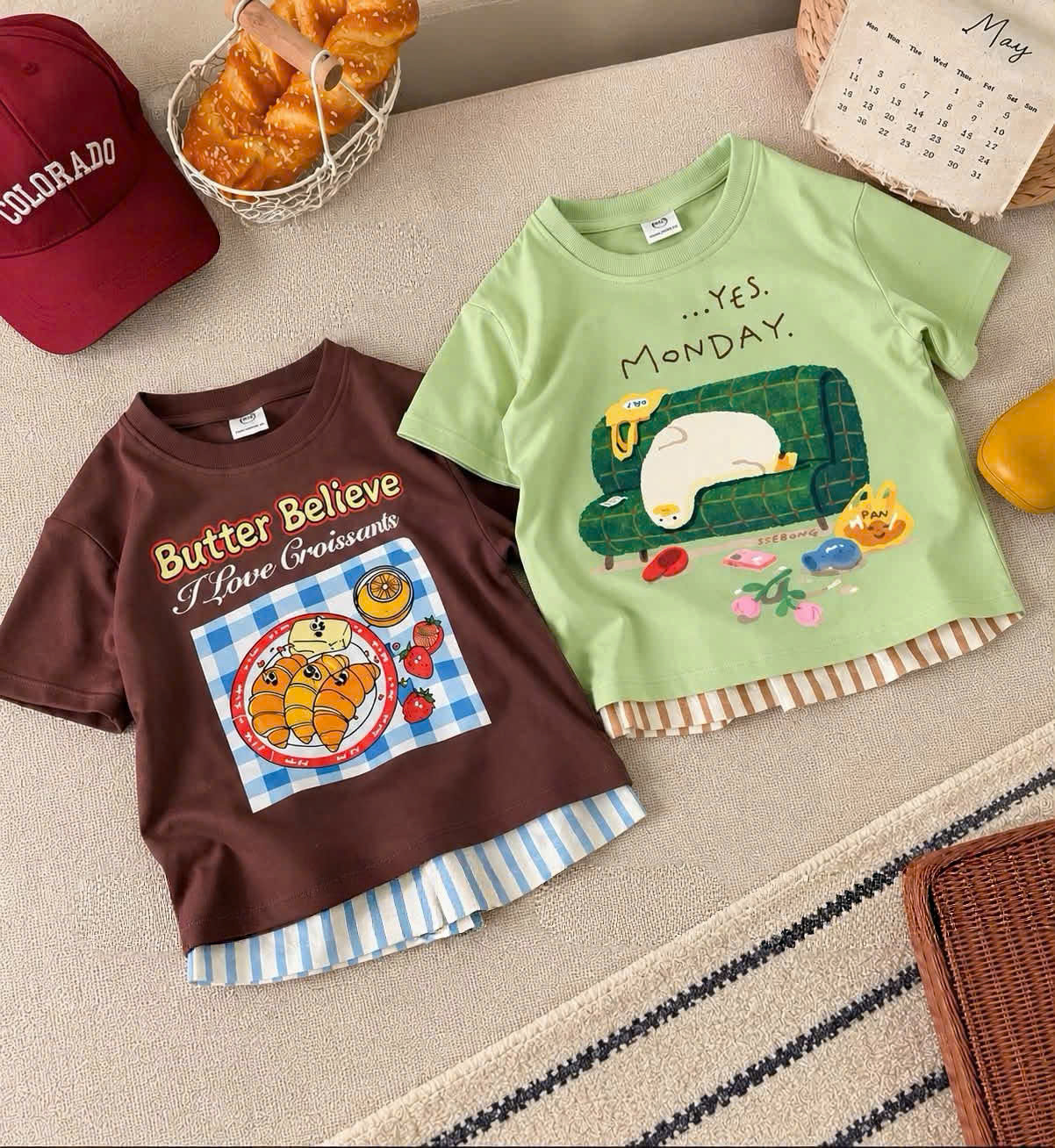 (chờ) T457 - SET 2 BỘ ĐÙI BÉ TRAI Butter Believe QUẦN SỌC nâu xanh