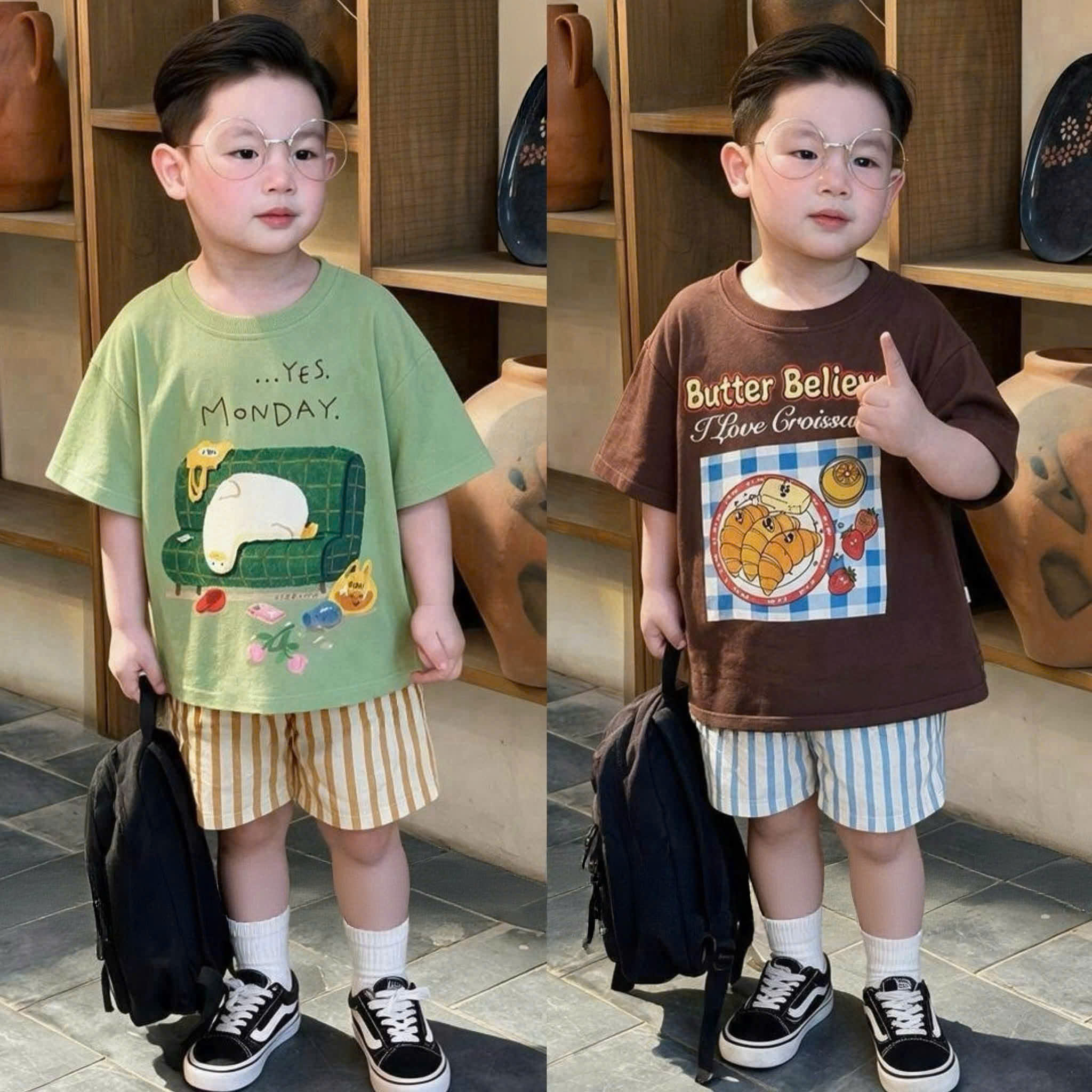 (chờ) T457 - SET 2 BỘ ĐÙI BÉ TRAI Butter Believe QUẦN SỌC nâu xanh