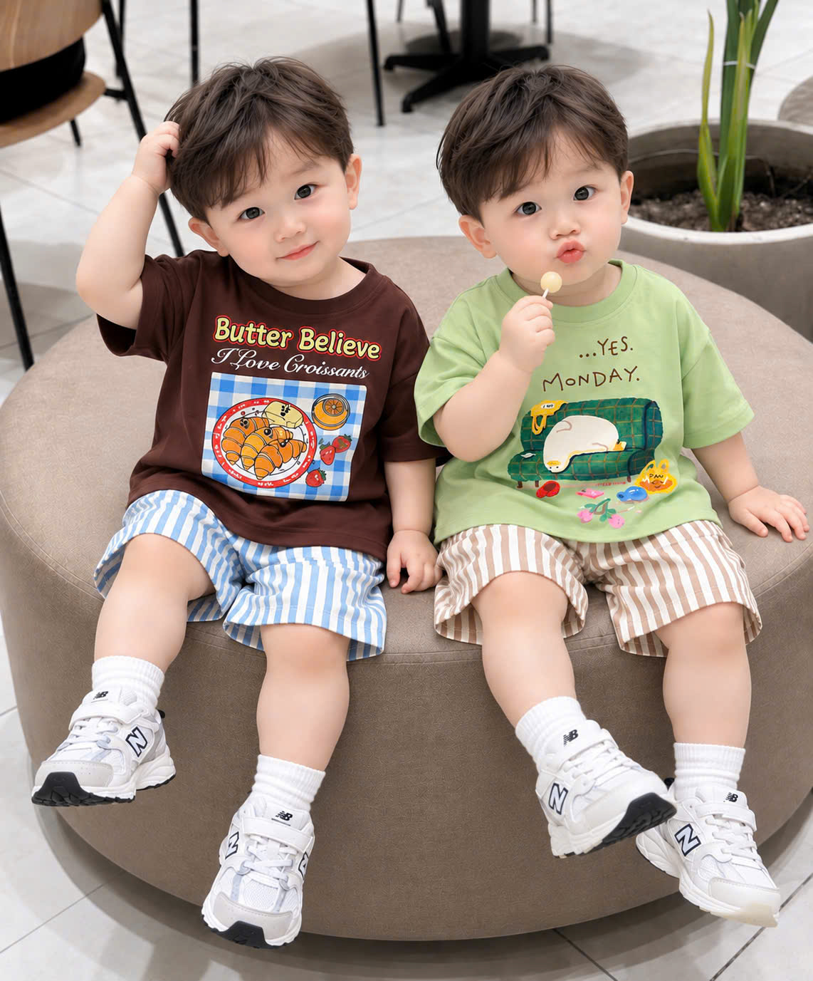 (chờ) T457 - SET 2 BỘ ĐÙI BÉ TRAI Butter Believe QUẦN SỌC nâu xanh