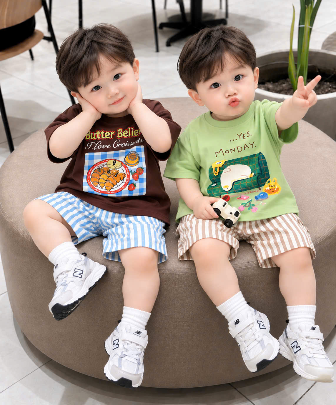 (chờ) T457 - SET 2 BỘ ĐÙI BÉ TRAI Butter Believe QUẦN SỌC nâu xanh