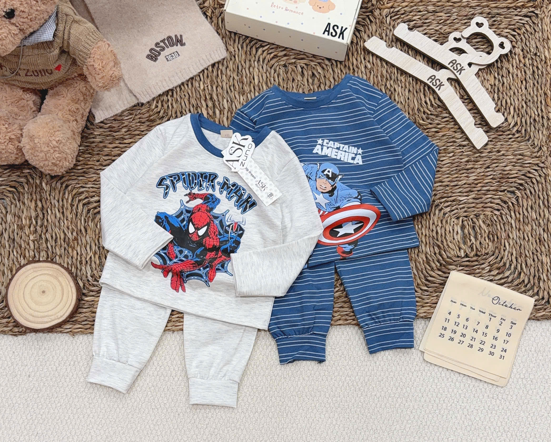 T458 - SET 2 BỘ BÉ TRAI DÀI TAY CAPTIAN xanh kẻ ghi