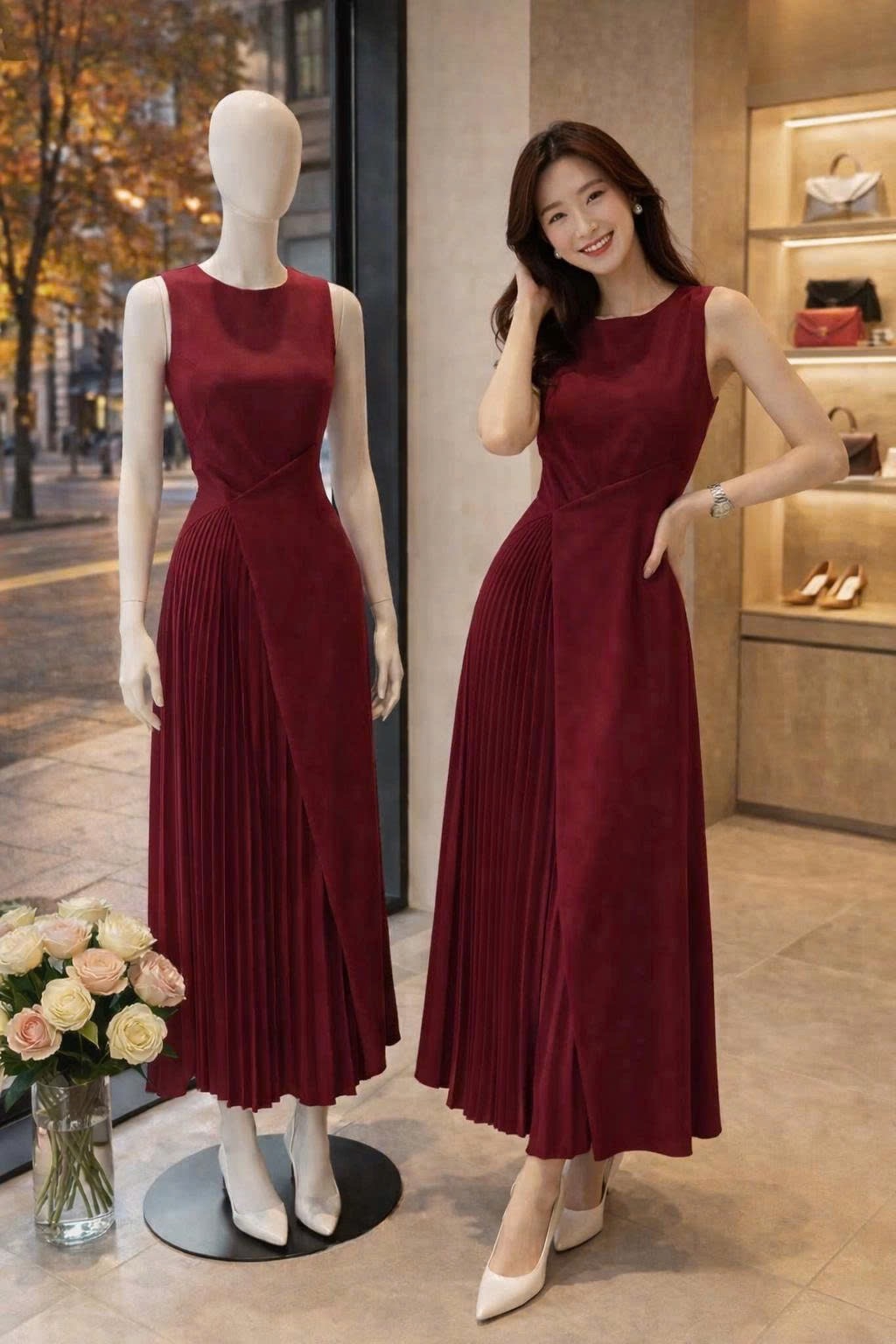 V494 - VÁY ĐỎ SÁT NÁCH XẾP LI XOẮN EO