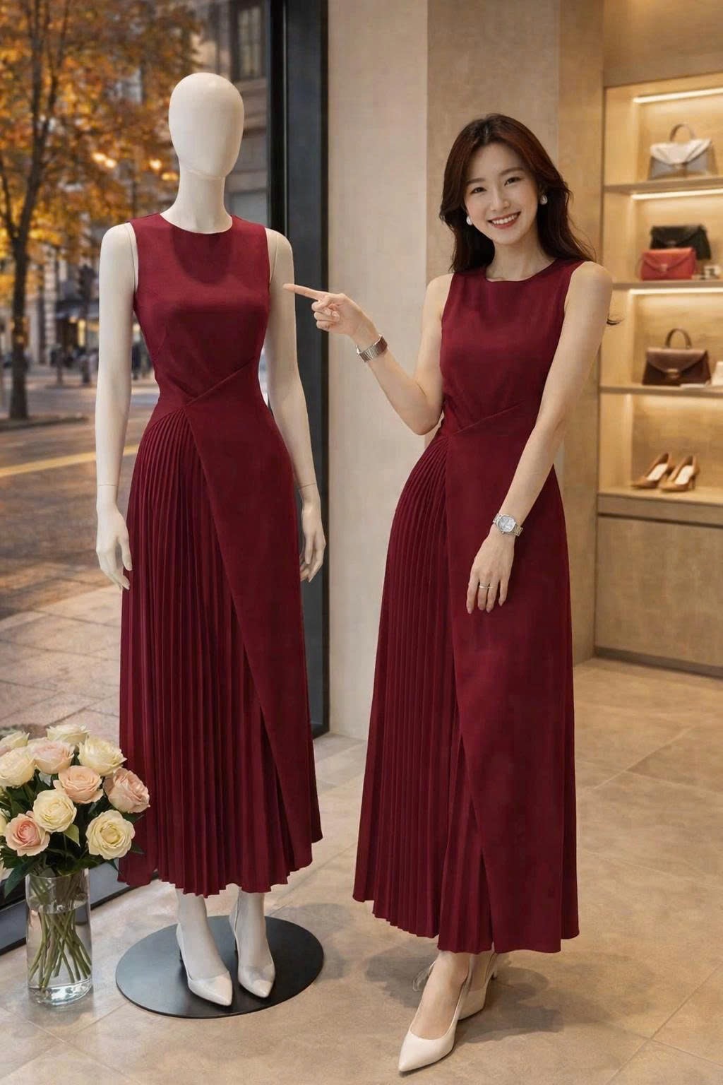 V494 - VÁY ĐỎ SÁT NÁCH XẾP LI XOẮN EO
