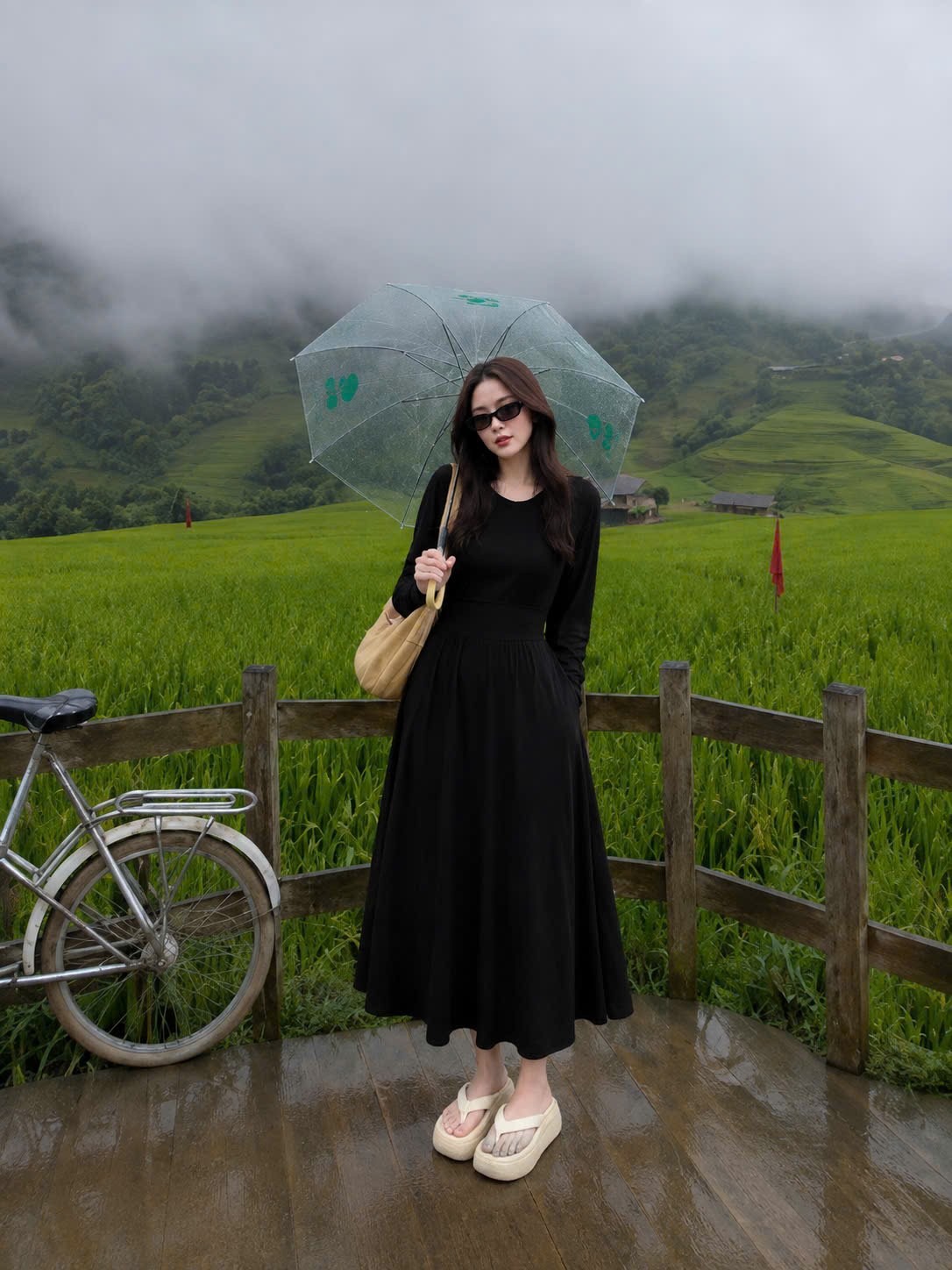 V496 - VÁY LEN TĂM NỮ ĐEN XÒE DÁNG DÀI