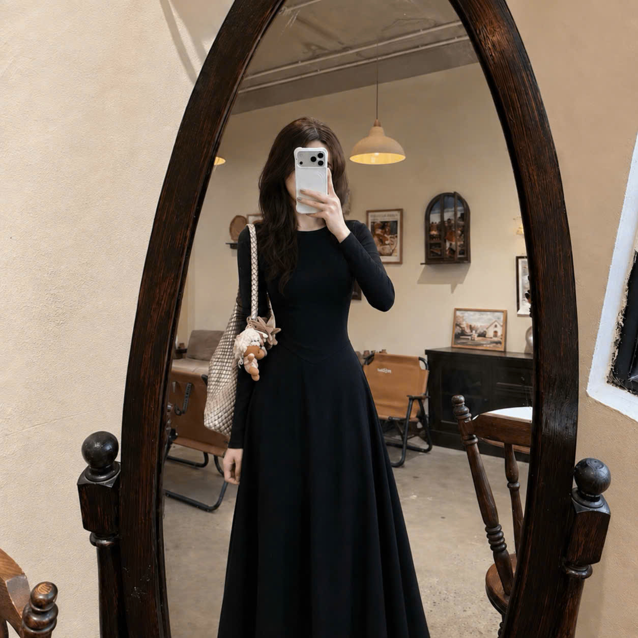 V496 - VÁY LEN TĂM NỮ ĐEN XÒE DÁNG DÀI