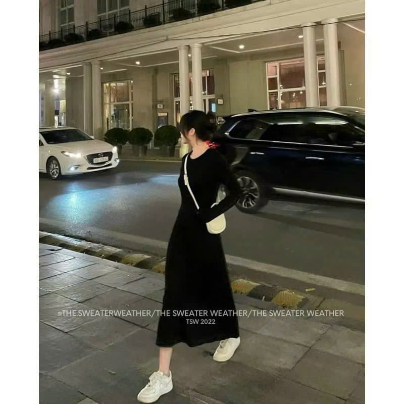 V496 - VÁY LEN TĂM NỮ ĐEN XÒE DÁNG DÀI