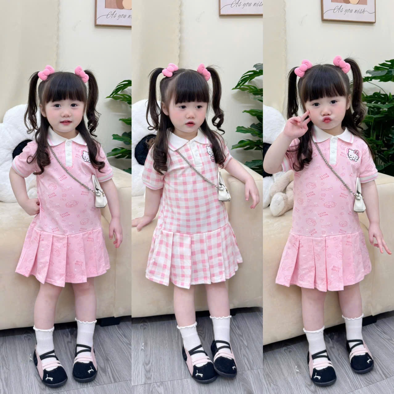 VB560 - VÁY BÉ GÁI POLO KITTY HỒNG XẾP LI