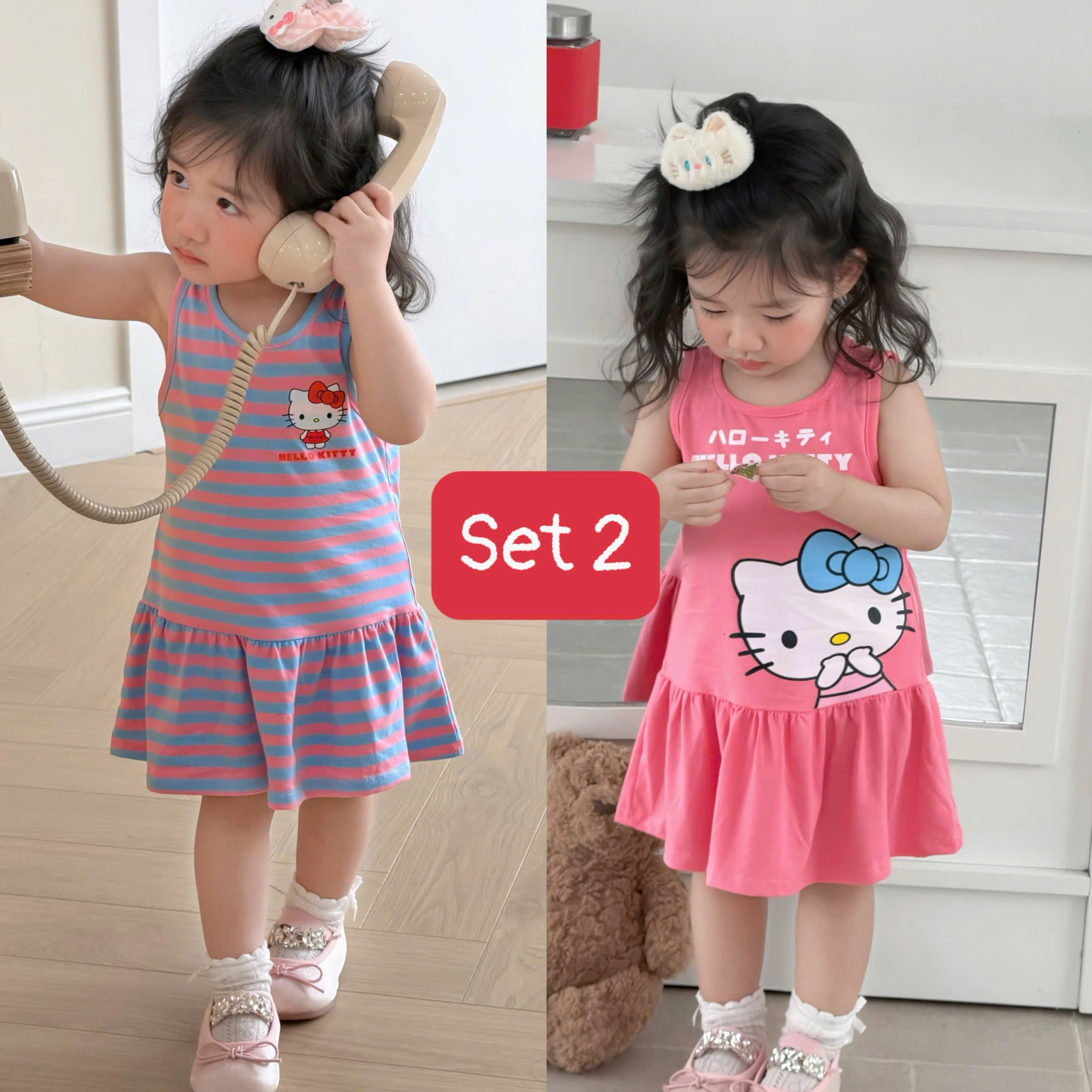 VB562 - SET 2 VÁY BÉ GÁI SÁT NÁCH XOÈ GẤU MICKEY KITTY