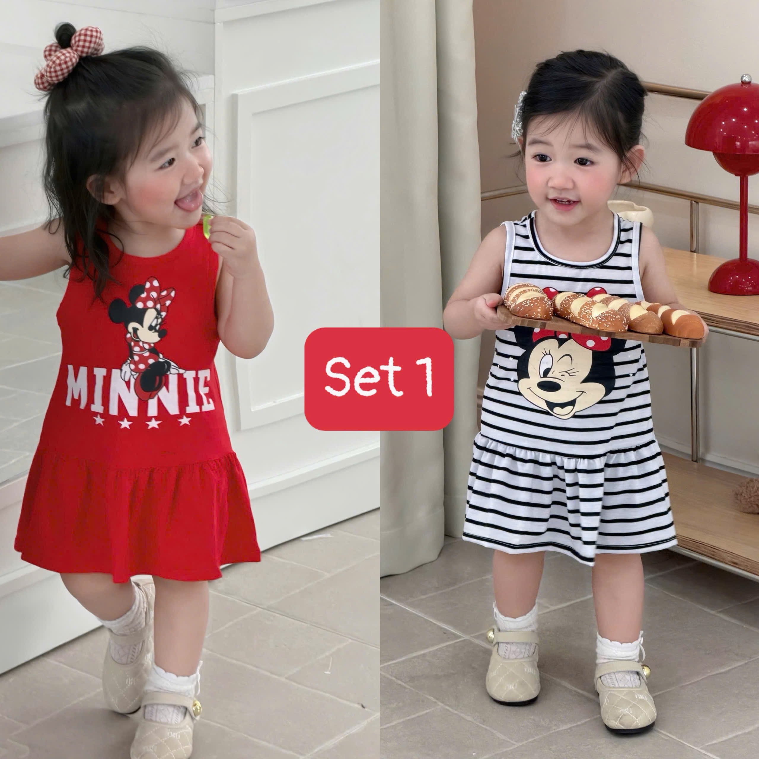 VB562 - SET 2 VÁY BÉ GÁI SÁT NÁCH XOÈ GẤU MICKEY KITTY