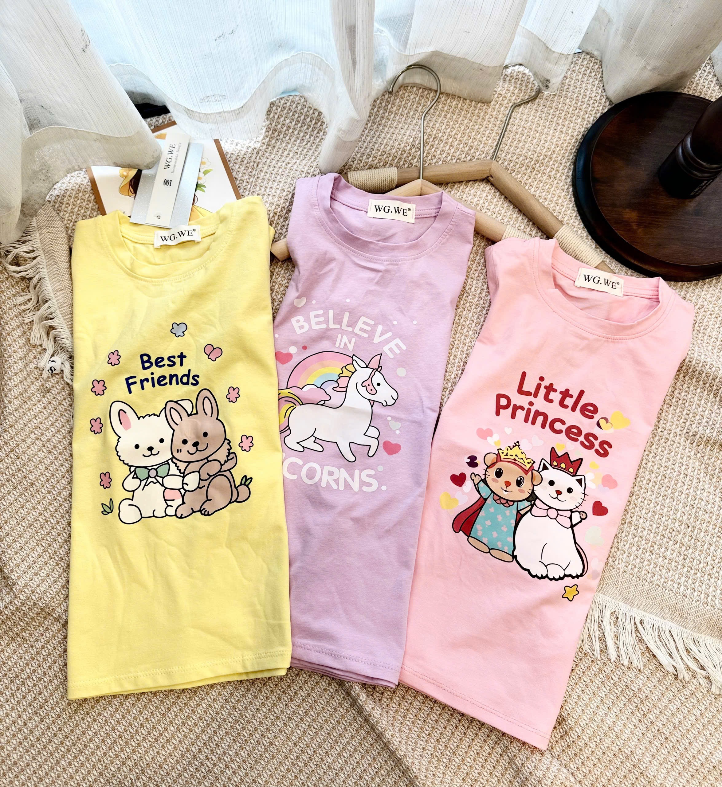 VB564 - SET 3 VÁY BÉ GÁI CỘC TAY HÌNH THÚ XOÈ vàng hồng tím