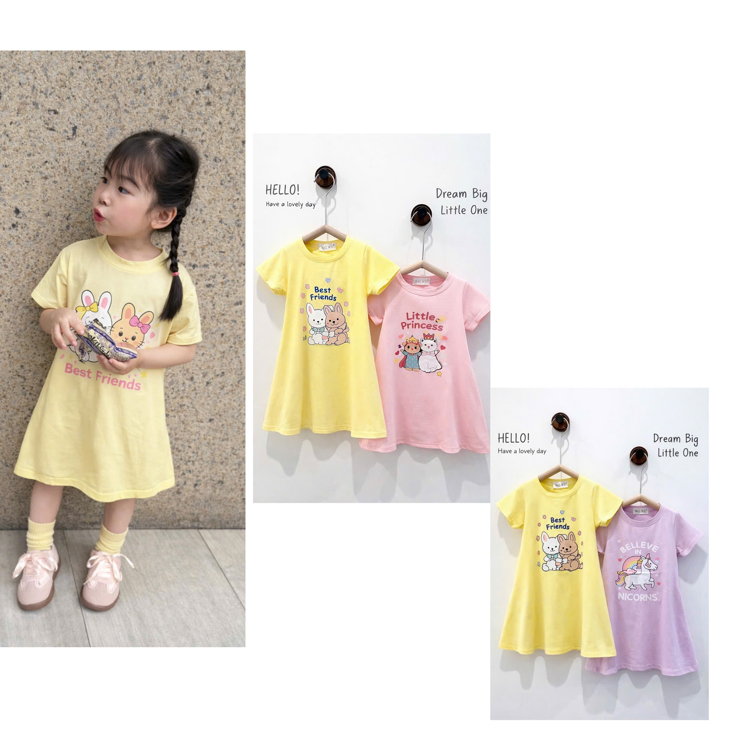VB564 - SET 3 VÁY BÉ GÁI CỘC TAY HÌNH THÚ XOÈ vàng hồng tím