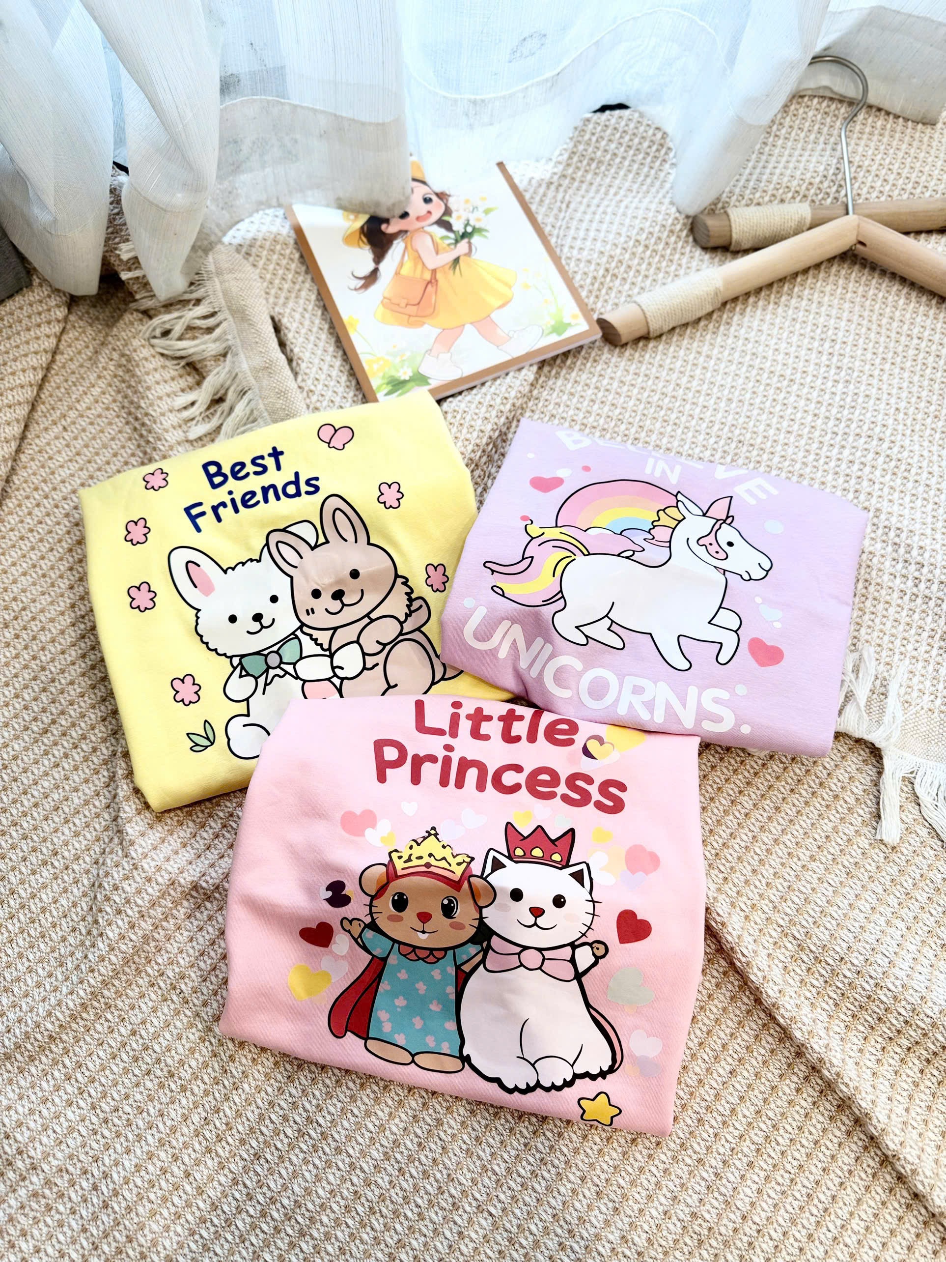 VB564 - SET 3 VÁY BÉ GÁI CỘC TAY HÌNH THÚ XOÈ vàng hồng tím