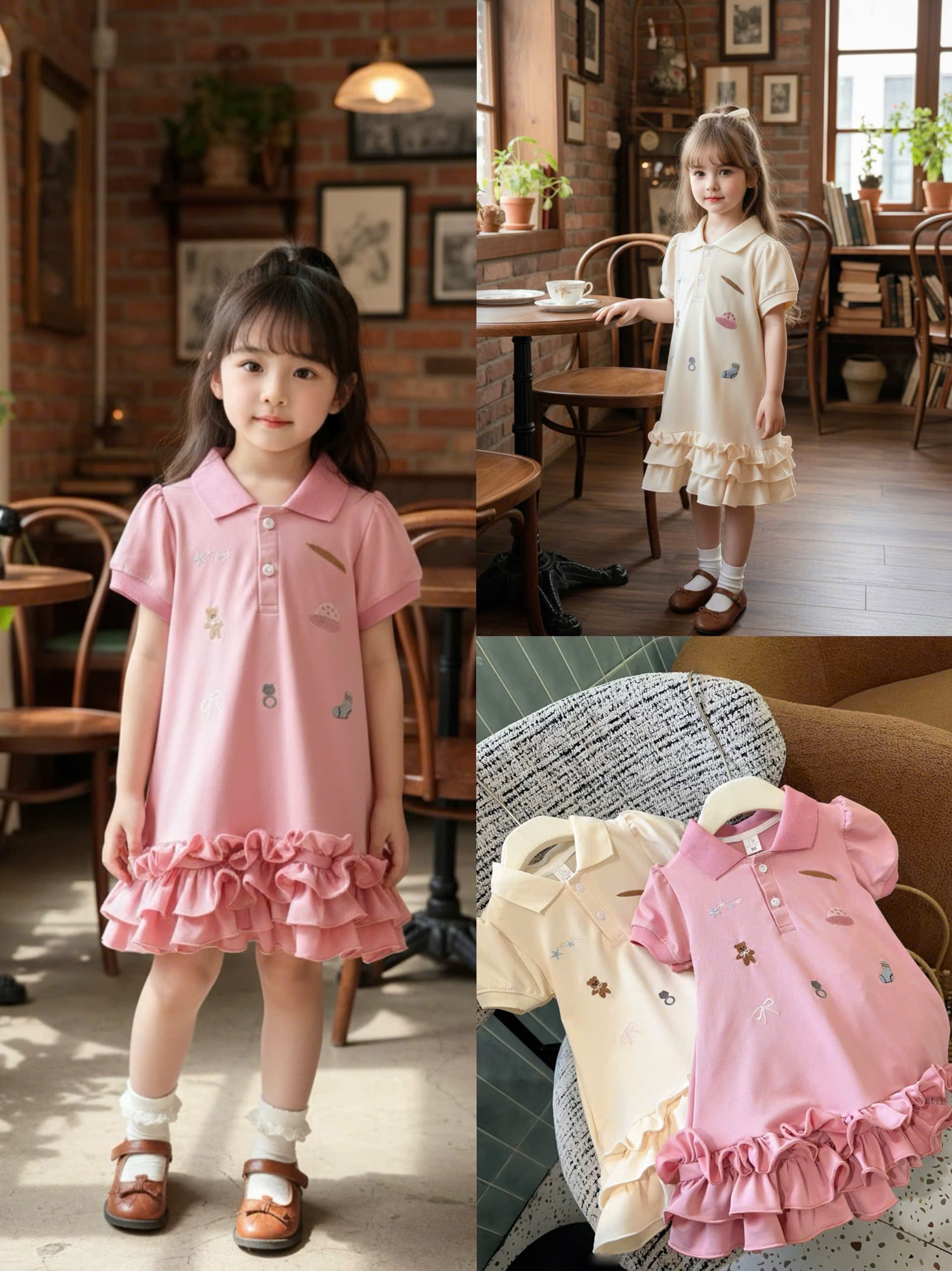VB567 - VÁY BÉ GÁI POLO CÁ SẤU THÊU GẤU NƠ BÈO GẤU