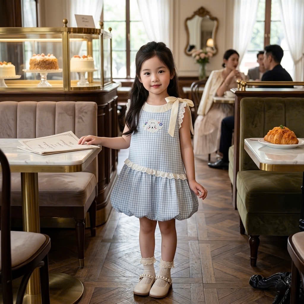 VB568 - VÁY BÉ GÁI KẺ CARO BỒNG BÍ REN CHÉO