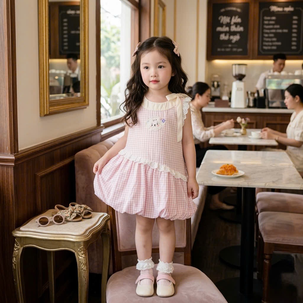 VB568 - VÁY BÉ GÁI KẺ CARO BỒNG BÍ REN CHÉO