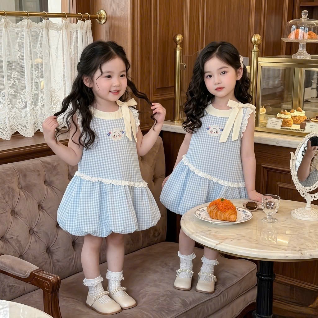 VB568 - VÁY BÉ GÁI KẺ CARO BỒNG BÍ REN CHÉO