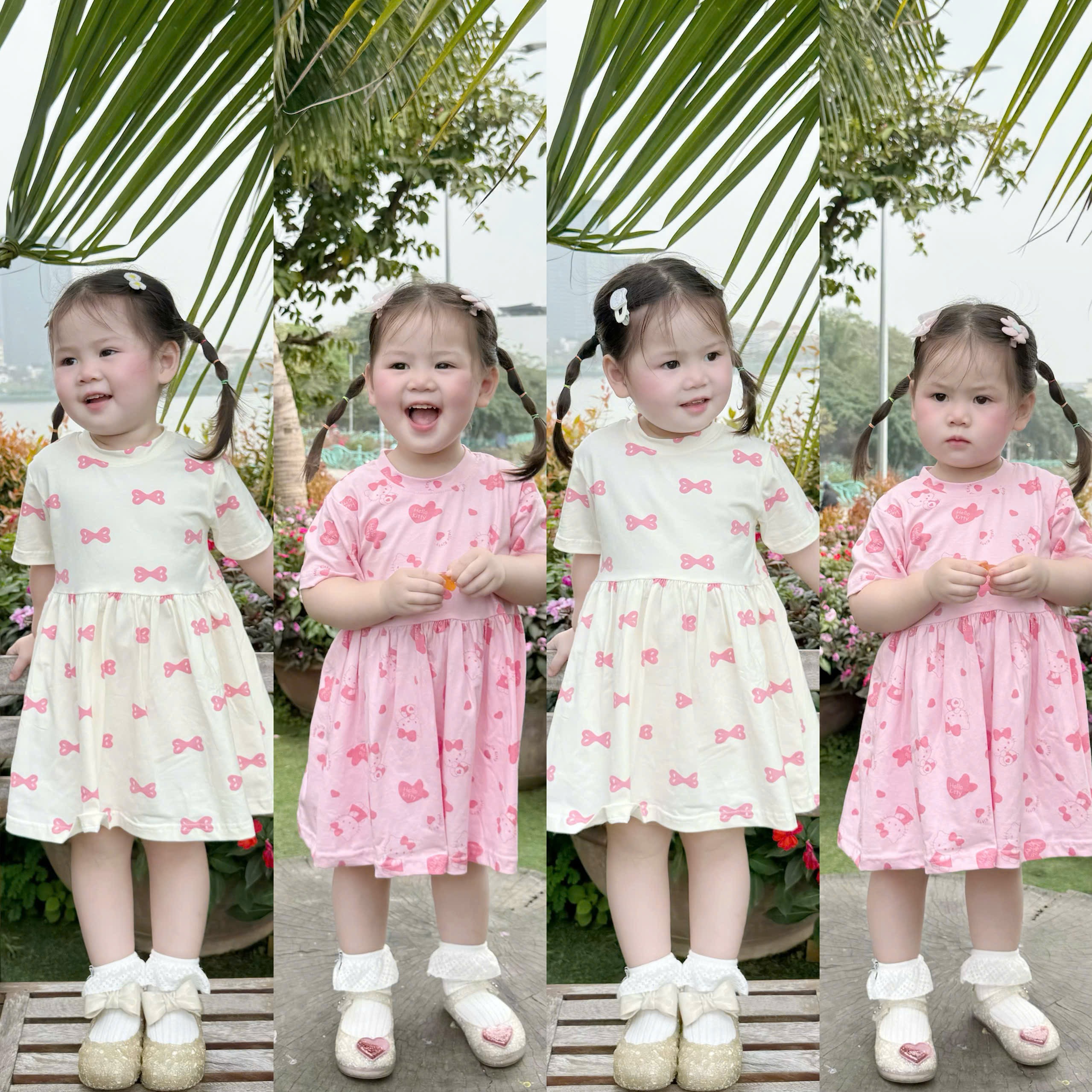 VB569 - SET 2 VÁY BÉ GÁI NƠ KITTY hồng be