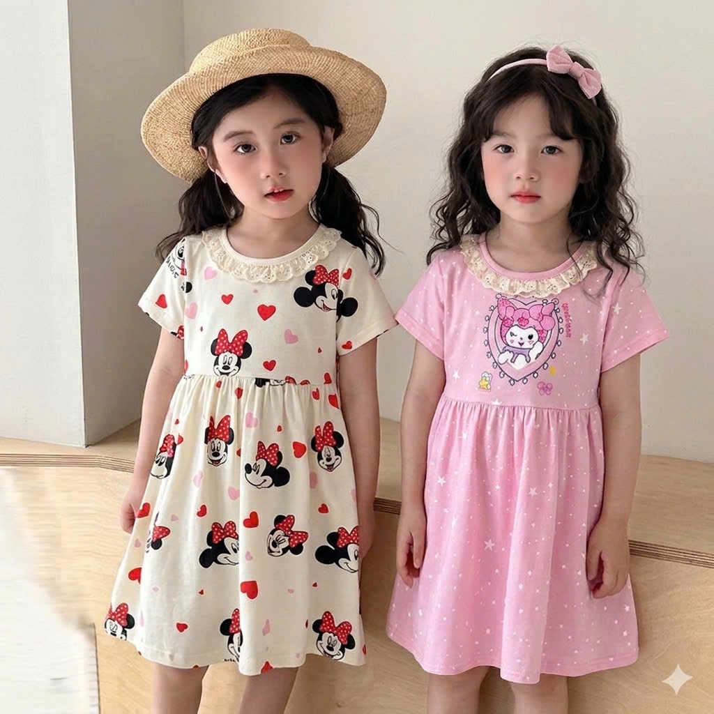 VB572 - SET 2 VÁY BÉ GÁI MICKEY KUROMI CỔ REN hồng be