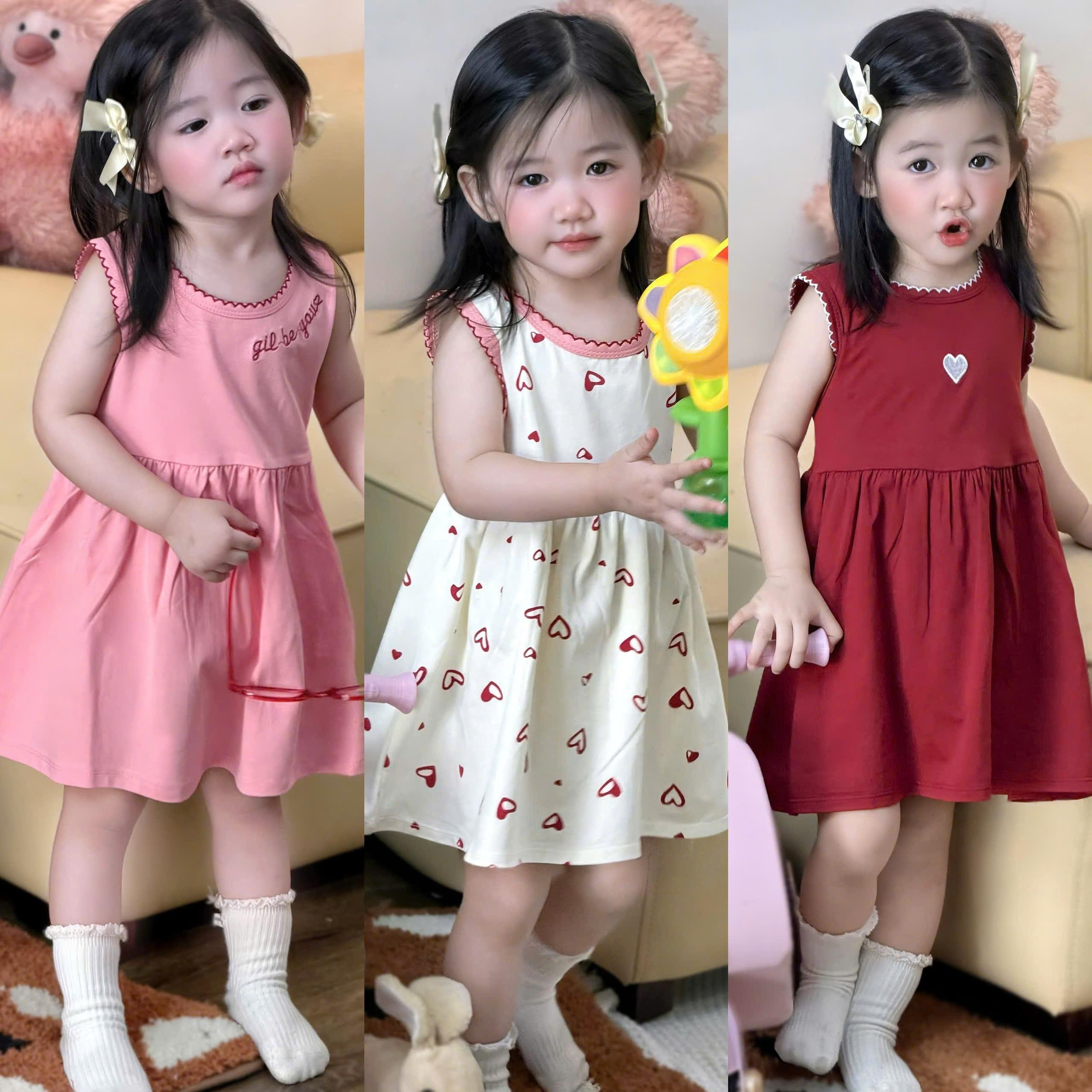 VB574 - SET 3 VÁY BÉ GÁI SÁT NÁCH THÊU TIM đỏ hồng be