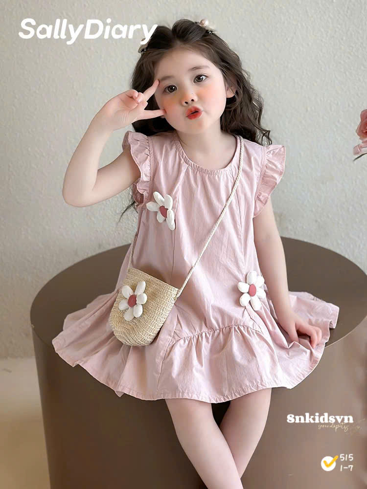 VB575 - VÁY BÉ GÁI THÔ ĐŨI HỒNG ĐÍNH HOA KÈM TÚI
