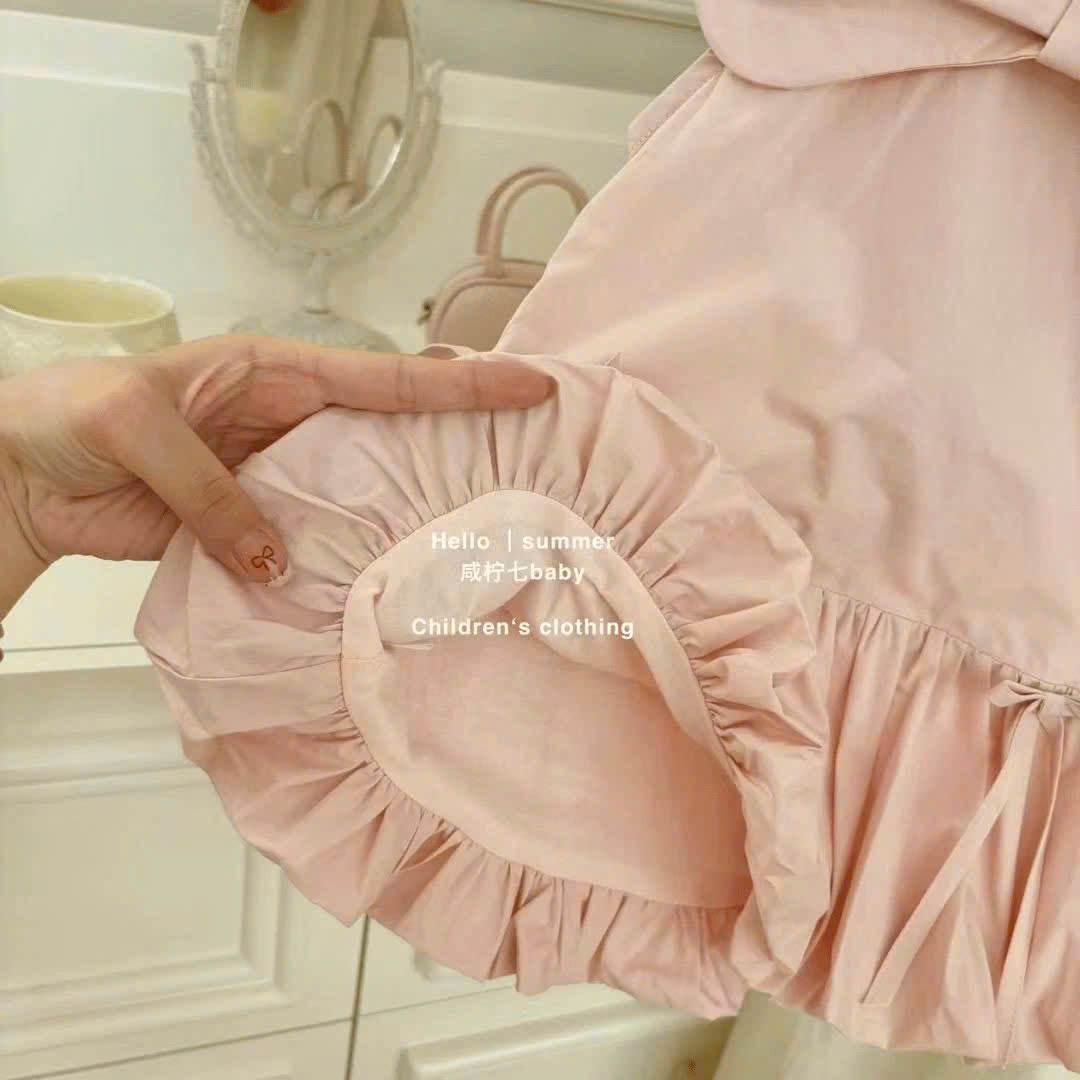 VB576 - VÁY BÉ GÁI THÔ ĐŨI HÀN CỔ SEN NƠ GẤU BỒNG