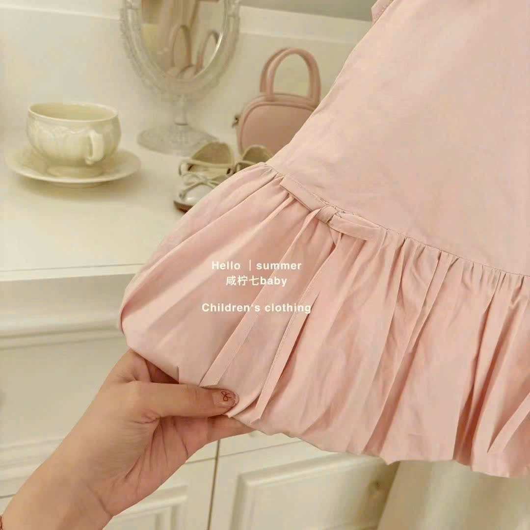 VB576 - VÁY BÉ GÁI THÔ ĐŨI HÀN CỔ SEN NƠ GẤU BỒNG