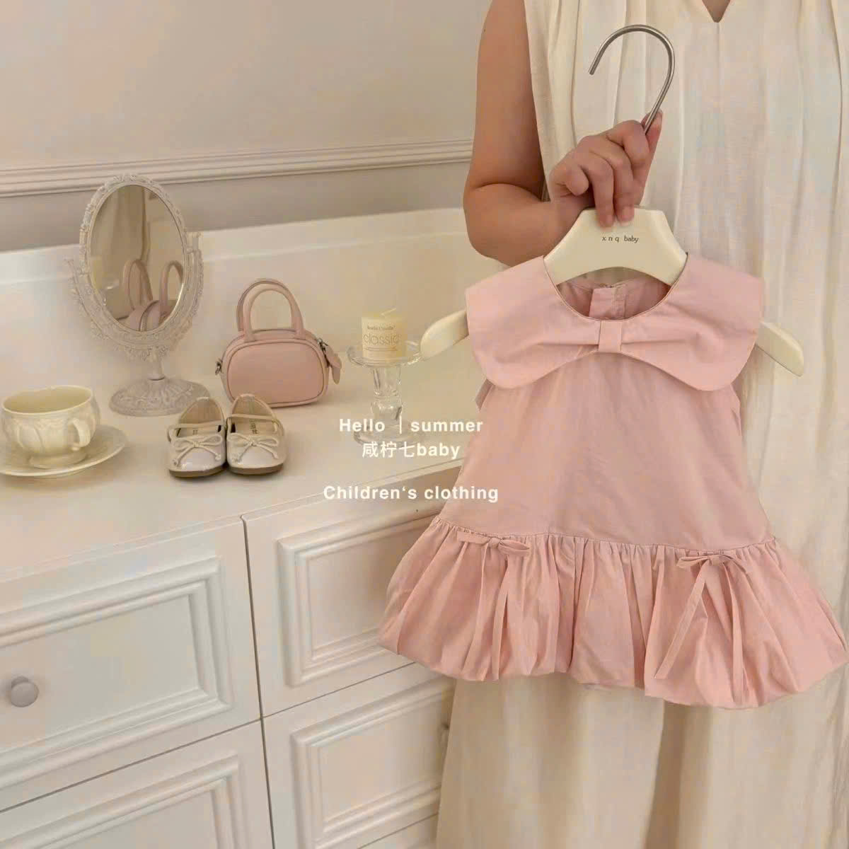 VB576 - VÁY BÉ GÁI THÔ ĐŨI HÀN CỔ SEN NƠ GẤU BỒNG