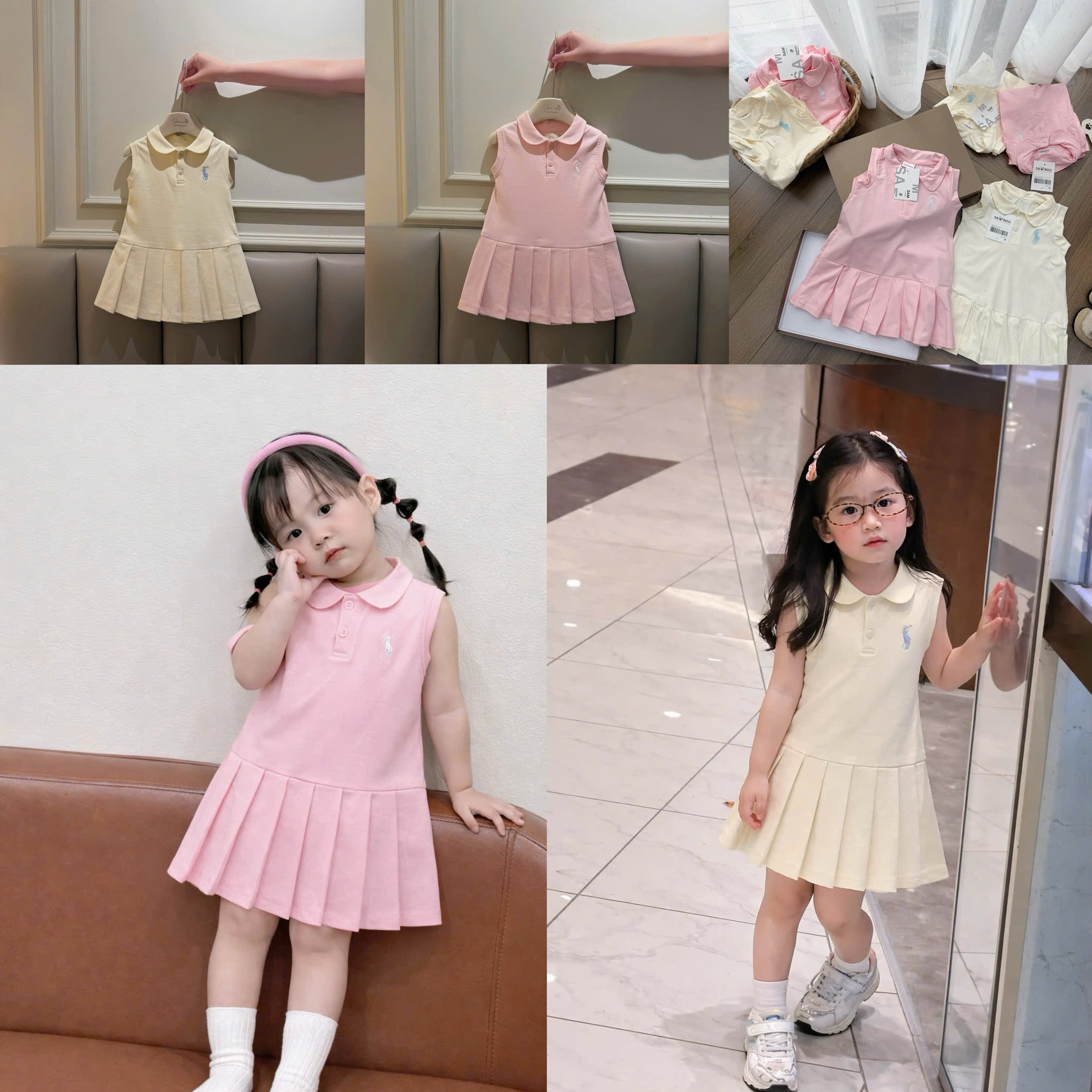 VB577 - SET 2 VÁY BÉ GÁI SÁT NÁCH CỔ SEN THÊU NGỰA XẾP LY