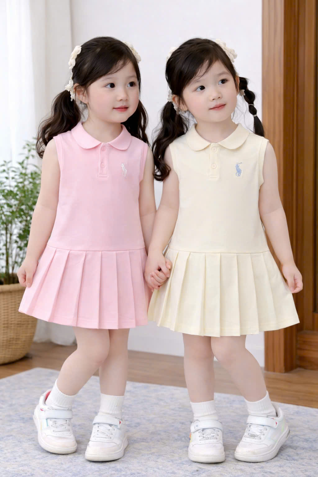 VB577 - SET 2 VÁY BÉ GÁI SÁT NÁCH CỔ SEN THÊU NGỰA XẾP LY