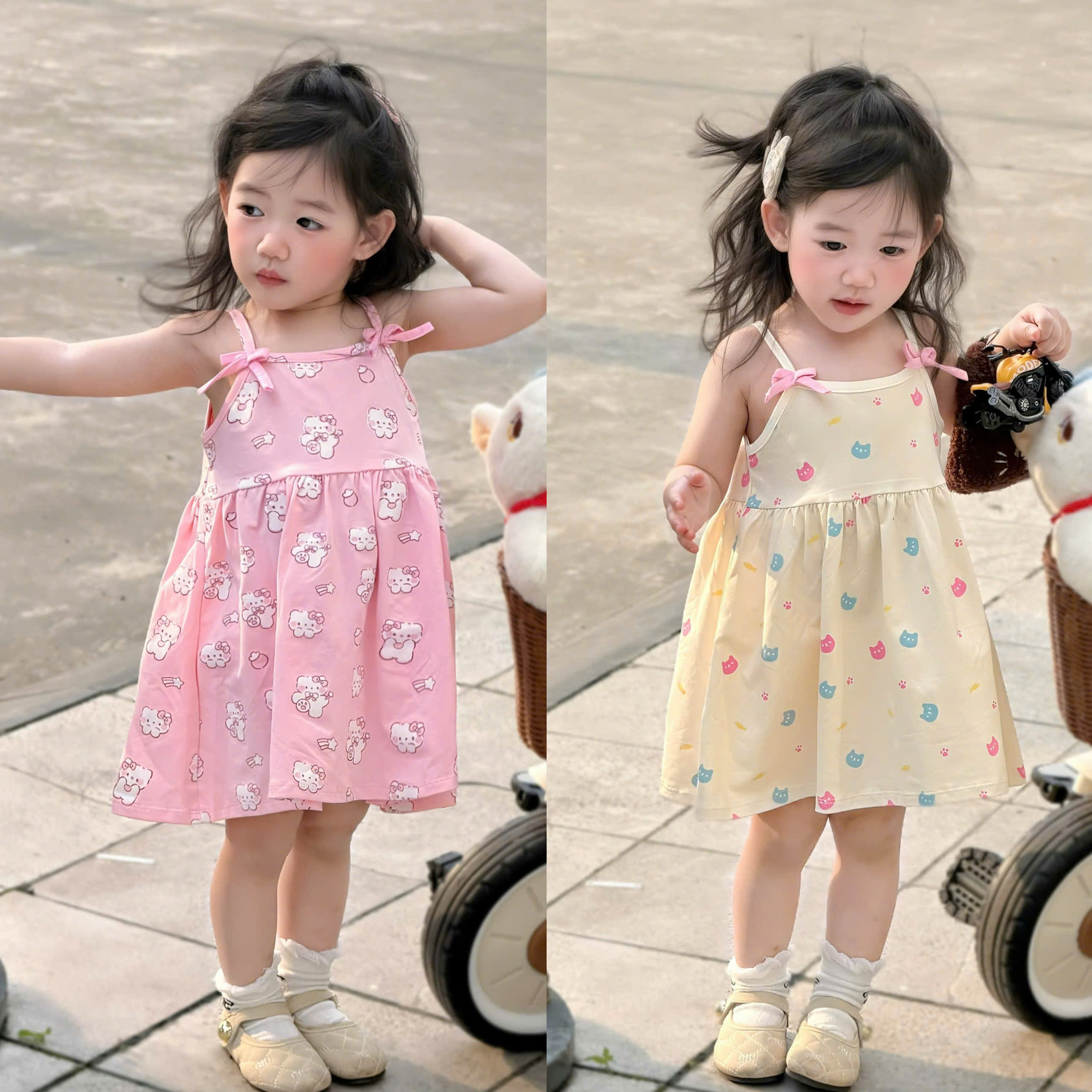 VB588 - SET 2 VÁY BÉ GÁI 2S GẤU ĐÍNH NƠ hồng be