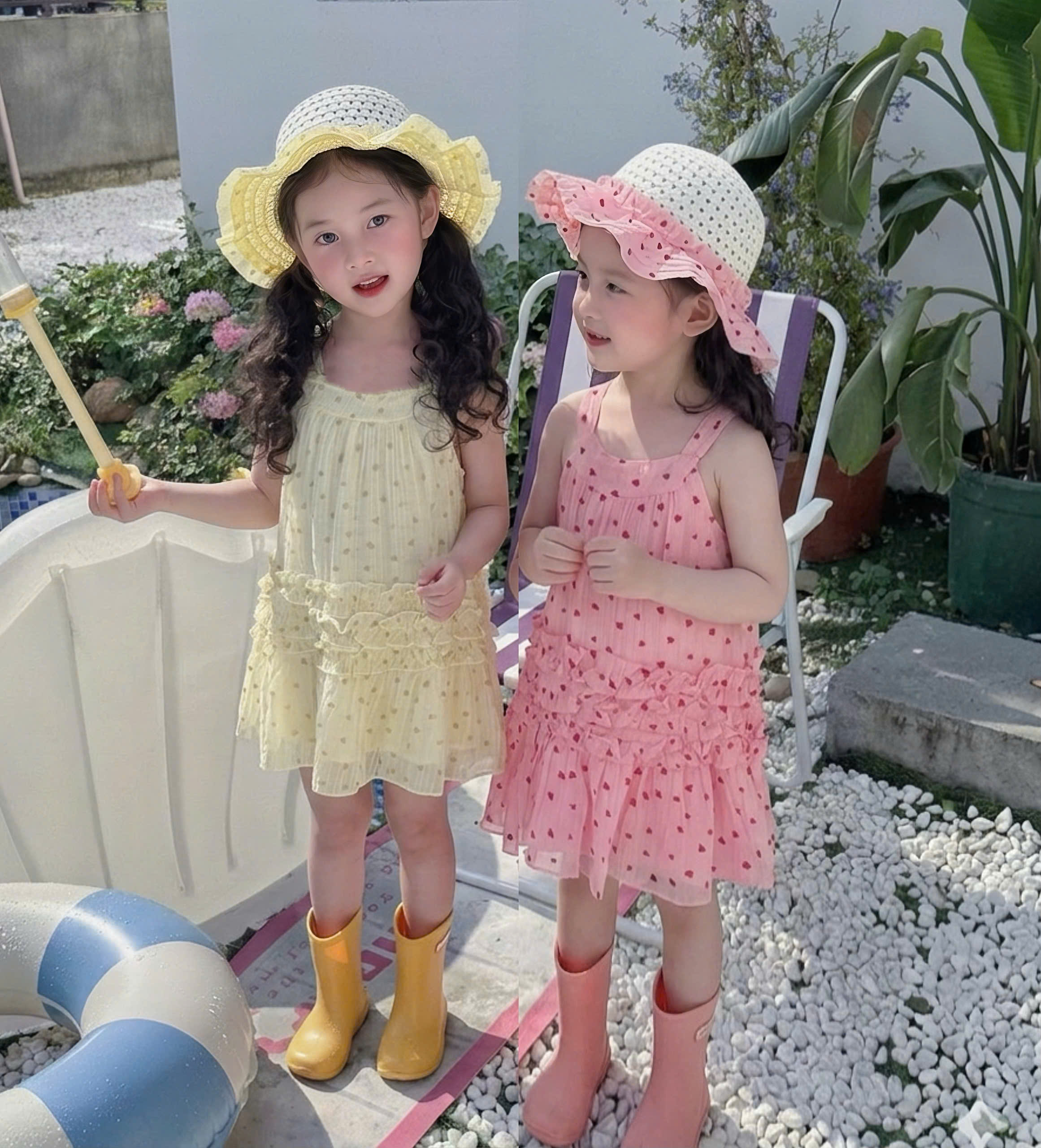 VB589 - VÁY BÉ GÁI CỔ YẾM TƠ ĐŨI TIM BÈO 2 LỚP KÈM MŨ