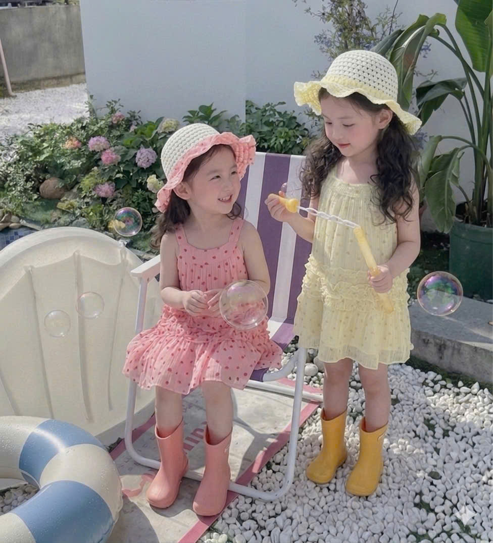 VB589 - VÁY BÉ GÁI CỔ YẾM TƠ ĐŨI TIM BÈO 2 LỚP KÈM MŨ
