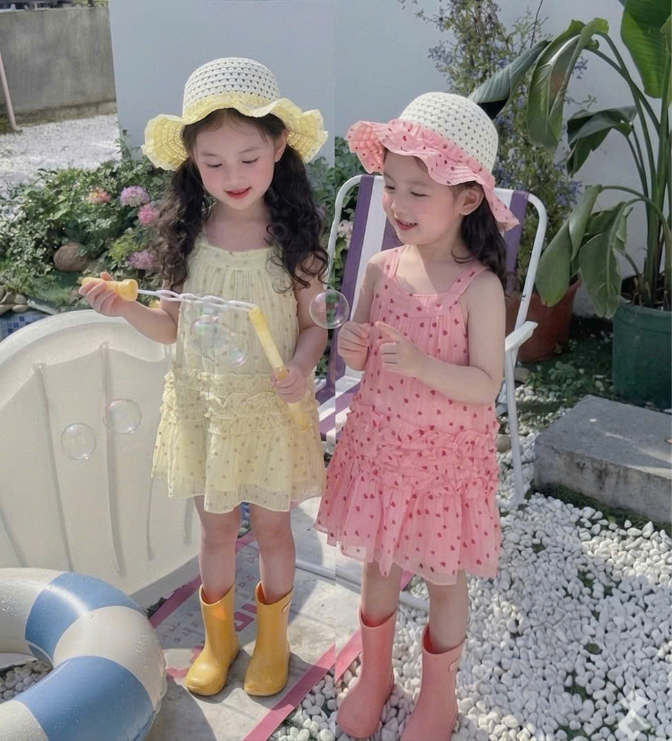 VB589 - VÁY BÉ GÁI CỔ YẾM TƠ ĐŨI TIM BÈO 2 LỚP KÈM MŨ