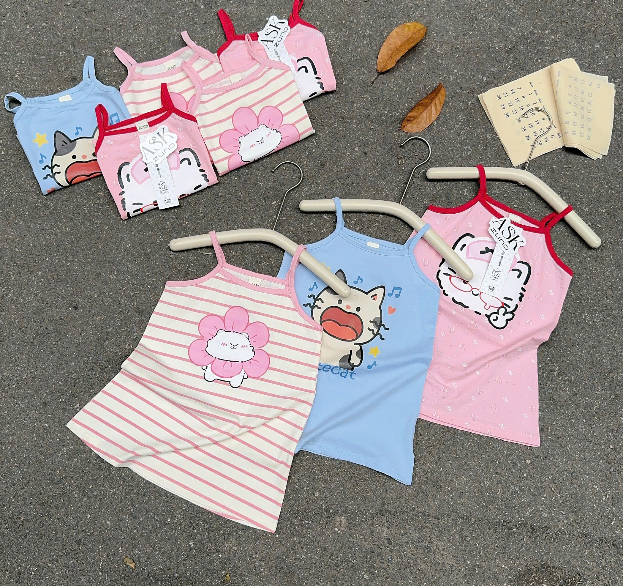 VB591 - SET 3 VÁY BÉ GÁI 2S MÈO xanh hồng kẻ