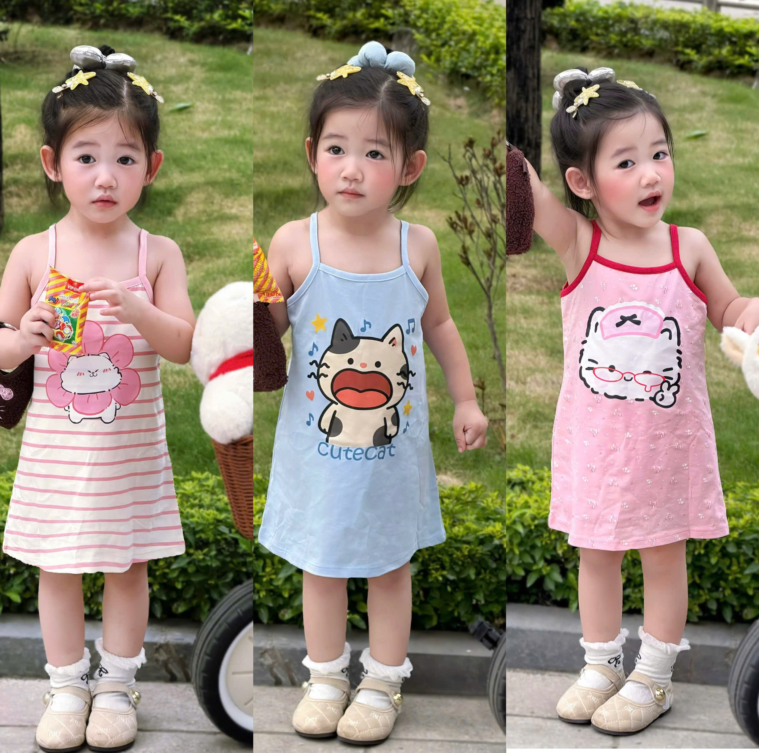 VB591 - SET 3 VÁY BÉ GÁI 2S MÈO xanh hồng kẻ